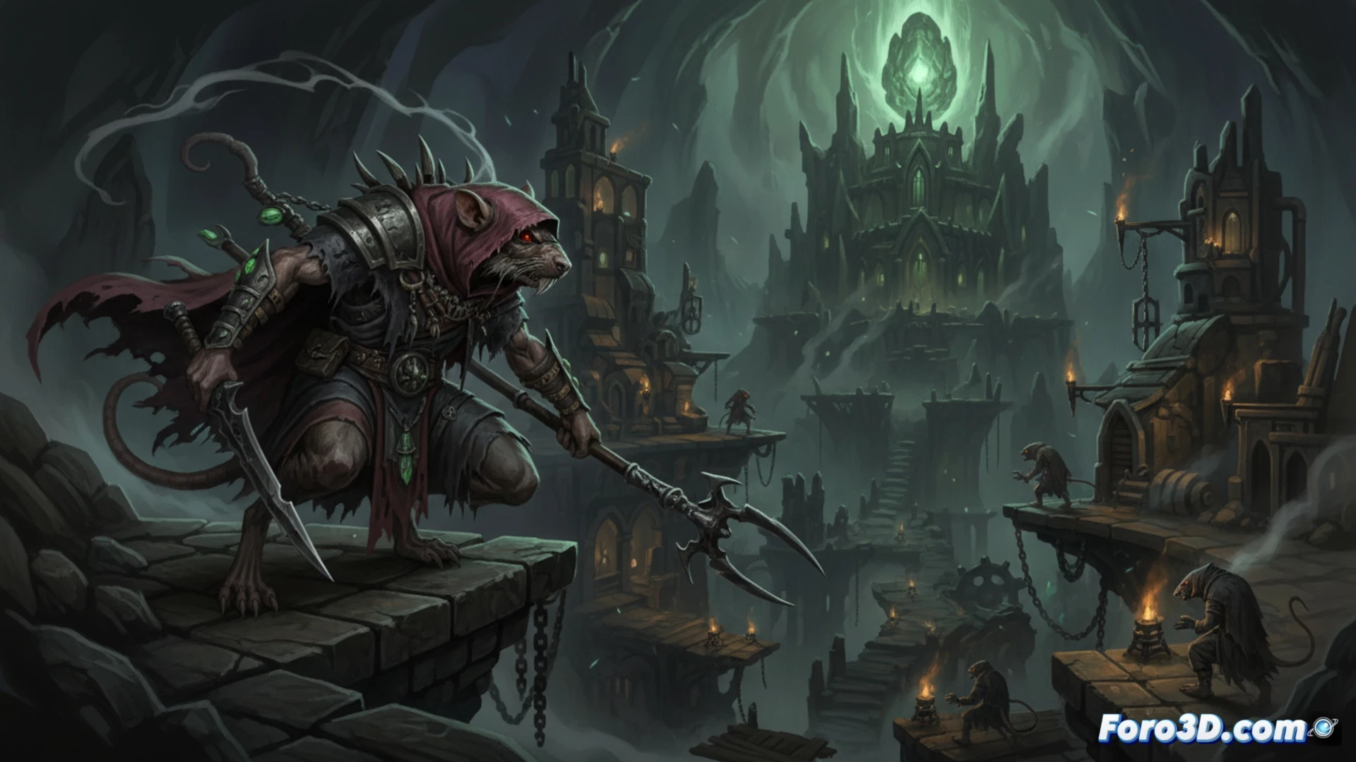 skaven assassin Vekteek mid-leap through a dark sewer tunnel, blade drawn, targeting a Chaos cultist below, glowing red eyes piercing shadows, hand-drawn 2D platforming action, crumbling stone pipes and hanging chains, poison vials strapped to leather belt, dramatic side-scrolling cinematic, ink wash textures with digital highlights, motion blur on tail and cloak, technical illustration of stealth kill mechanics, dark fantasy lighting with green warpstone glow, ultra-detailed rat fur and metal armor