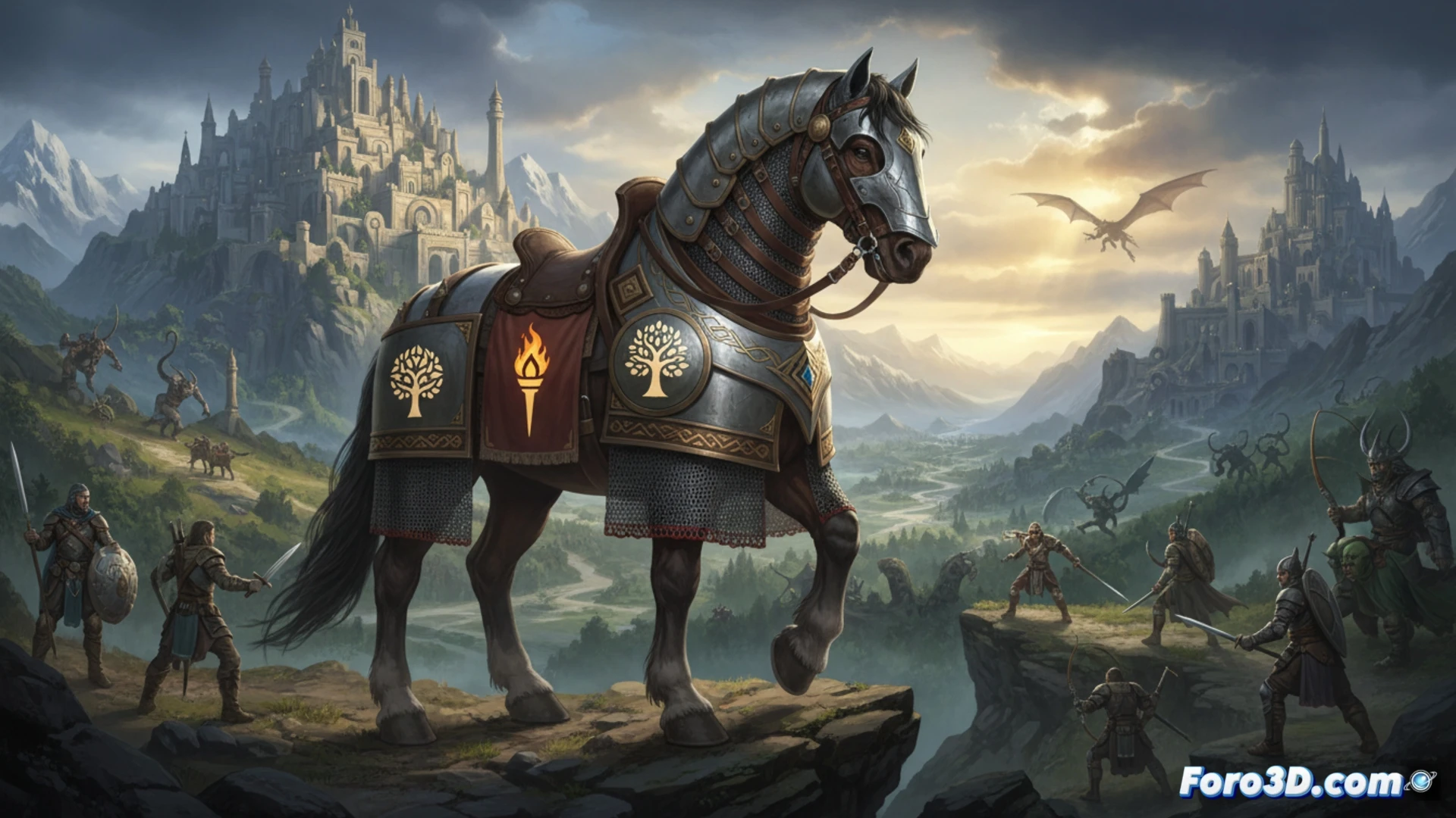 Two medieval fantasy RPG developers working on separate Lord of the Rings projects, a split-screen showing Warhorse Studios character modeling workstation on one side and Amazon Games MMO server rack on the other, a glowing One Ring floating between them splitting into two golden streams, technical illustration style, realistic game development tools visible, monitors displaying terrain editors and character rigs, blueprints of Middle-earth maps pinned to corkboards, dramatic cinematic lighting, photorealistic engineering visualization, dual monitors reflecting code and 3D assets, process of parallel game development demonstrated