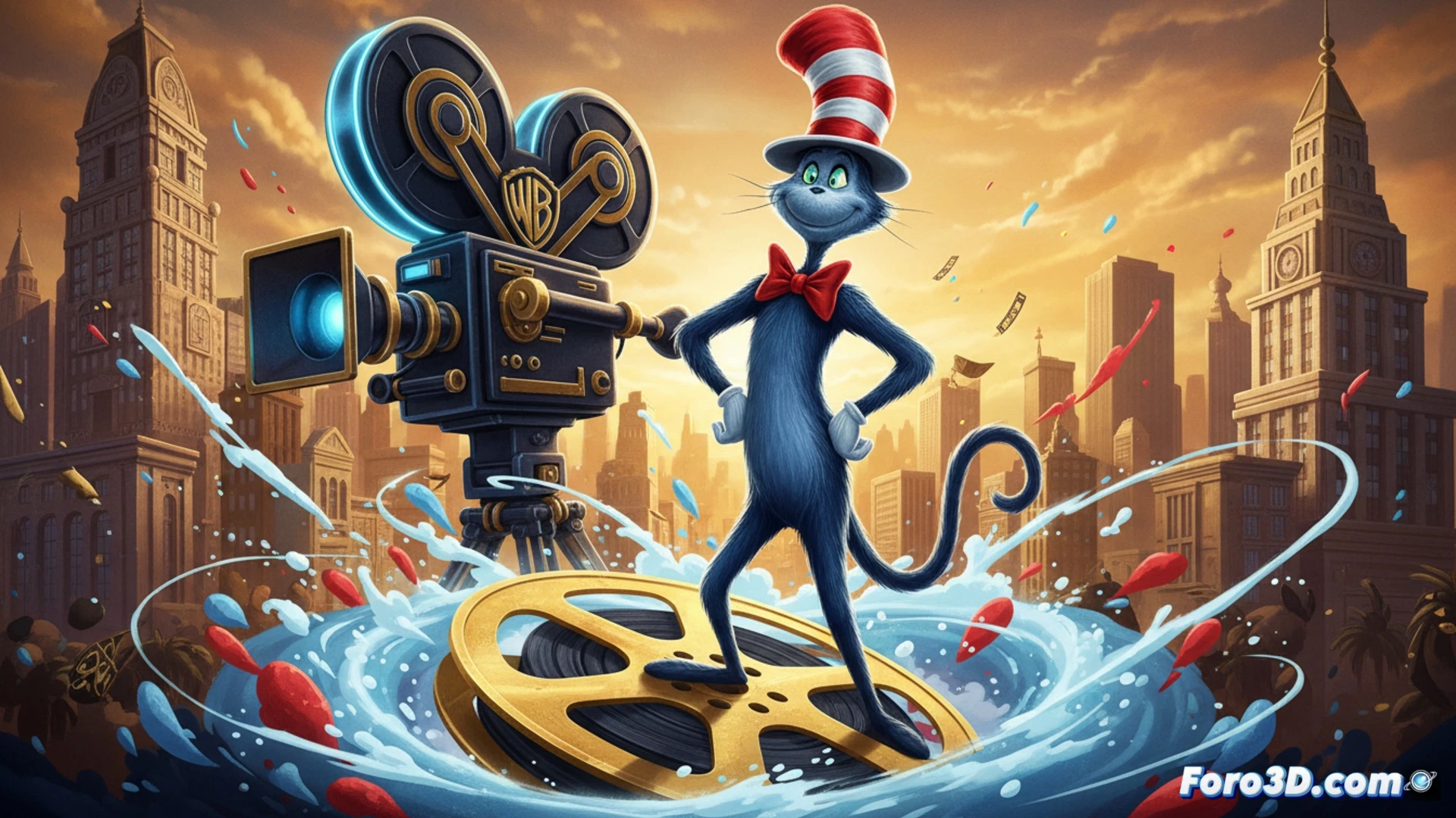 Un gato con sombrero rojo y rayas blancas camina hacia un cine iluminado, bajo un cartel de Warner Bros.