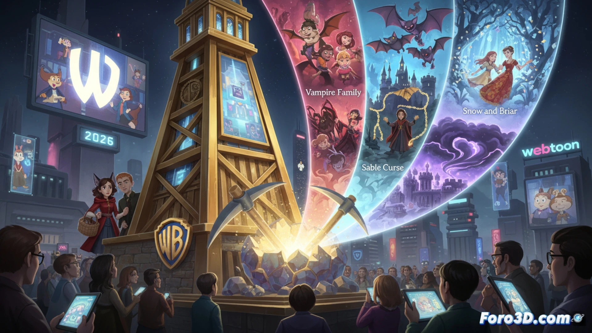 Warner Bros. Animation y Webtoon unen fuerzas en un escenario digital, con cuatro portadas de cómic brillando como nuevas series animadas.