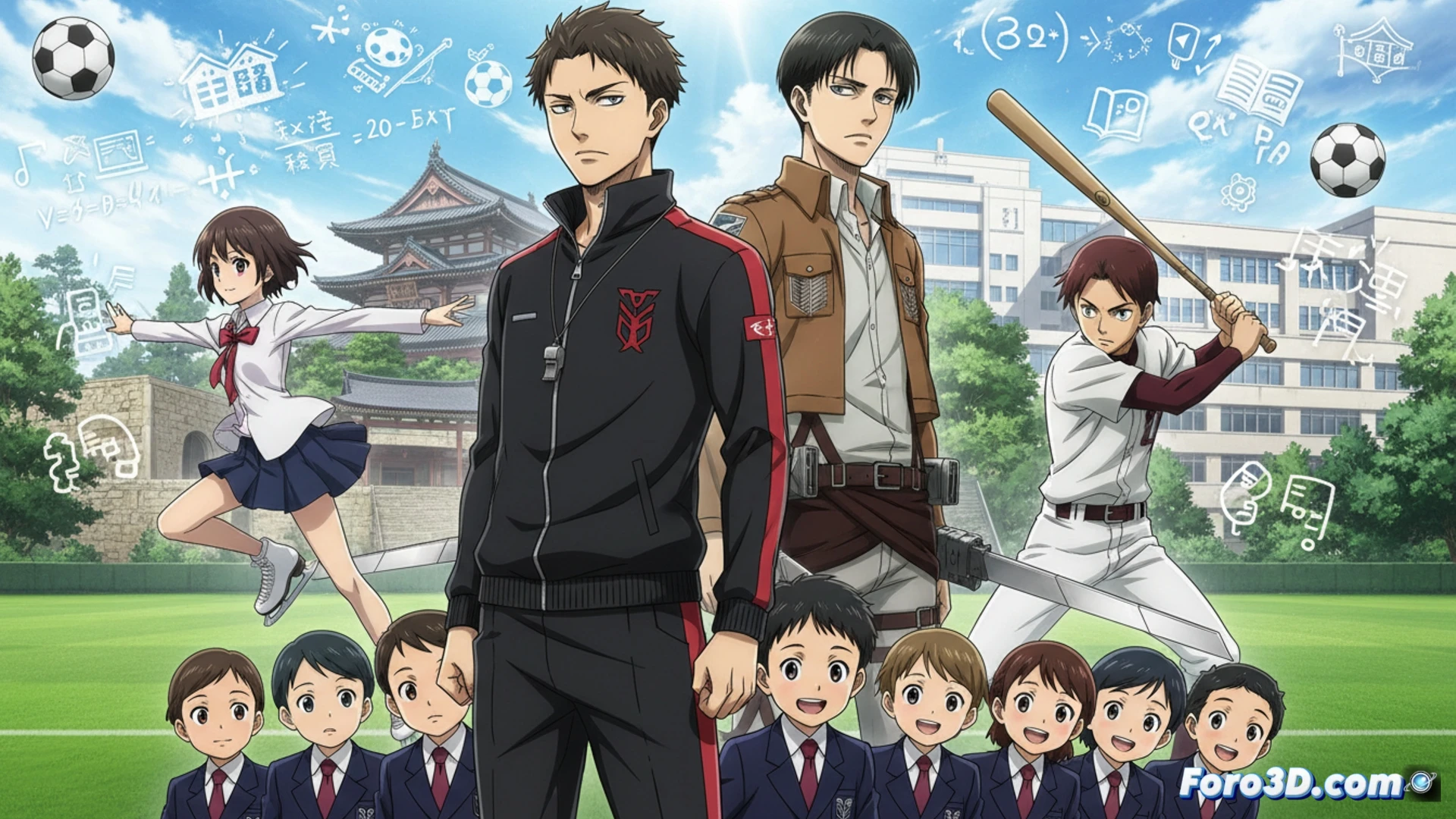 Un cartel vibrante muestra a Jinpachi Ego y Levi Ackerman como instructores de Waseda Academy, rodeados de personajes de Medalist y Ace of Diamond, bajo el lema de cursos intensivos de verano.