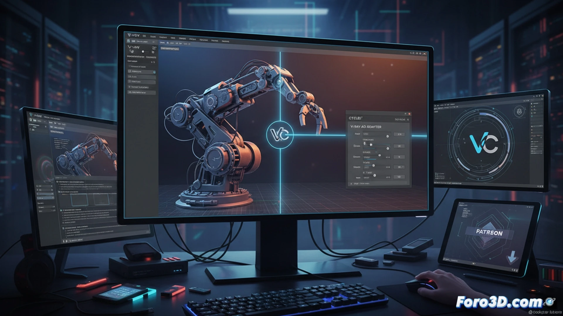 Blender viewport showing 3D scene with ambient occlusion control panel visible in render tab, side-by-side comparison with V-Ray interface on a second monitor, slider adjusting occlusion depth while shadow details update in real-time on a complex mechanical model, technical illustration style, clean UI layout, grey matte materials, procedural geometry with exposed metal edges, soft studio lighting, sharp focus on tool parameters, engineering visualization, dark theme interface, subtle blue accent highlights on active controls