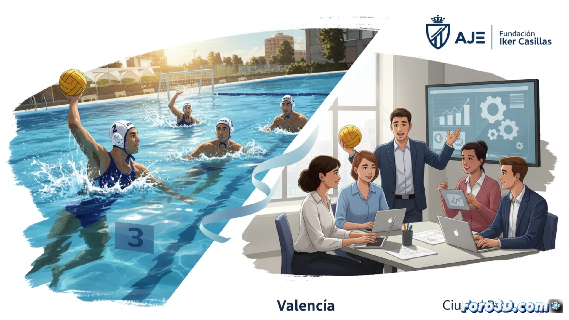 young athletes in water polo caps and swim caps celebrating a podium finish, water droplets splashing from their bodies, a bronze medal glinting under stadium lights, background shows a pool with lane ropes and a scoreboard blurred, foreground includes a tablet displaying a business pitch presentation, a soccer ball and a laptop with a startup logo on screen, action of high-fives and fist bumps between players, cinematic photorealistic style, bright aquatic blue and warm orange lighting, motion freeze effect on water splash, ultra-detailed skin texture and wet hair, dynamic composition with depth of field, technical visualization of sports equipment and digital devices