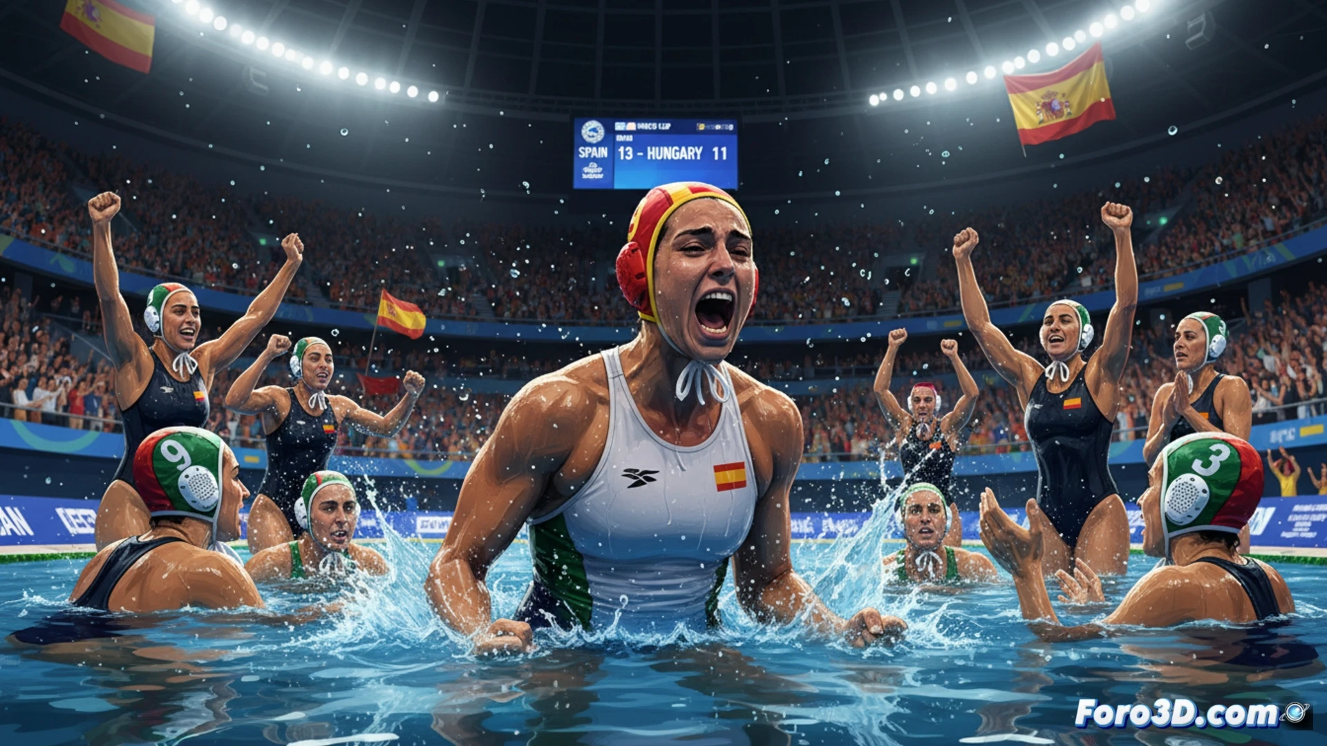 Descripción detallada (80-120 caracteres):  
Jugadora española de waterpolo lanza el balón con ímpetu, rodeada de rivales húngaras en una piscina. Fondo borroso capta intensidad y remontada.