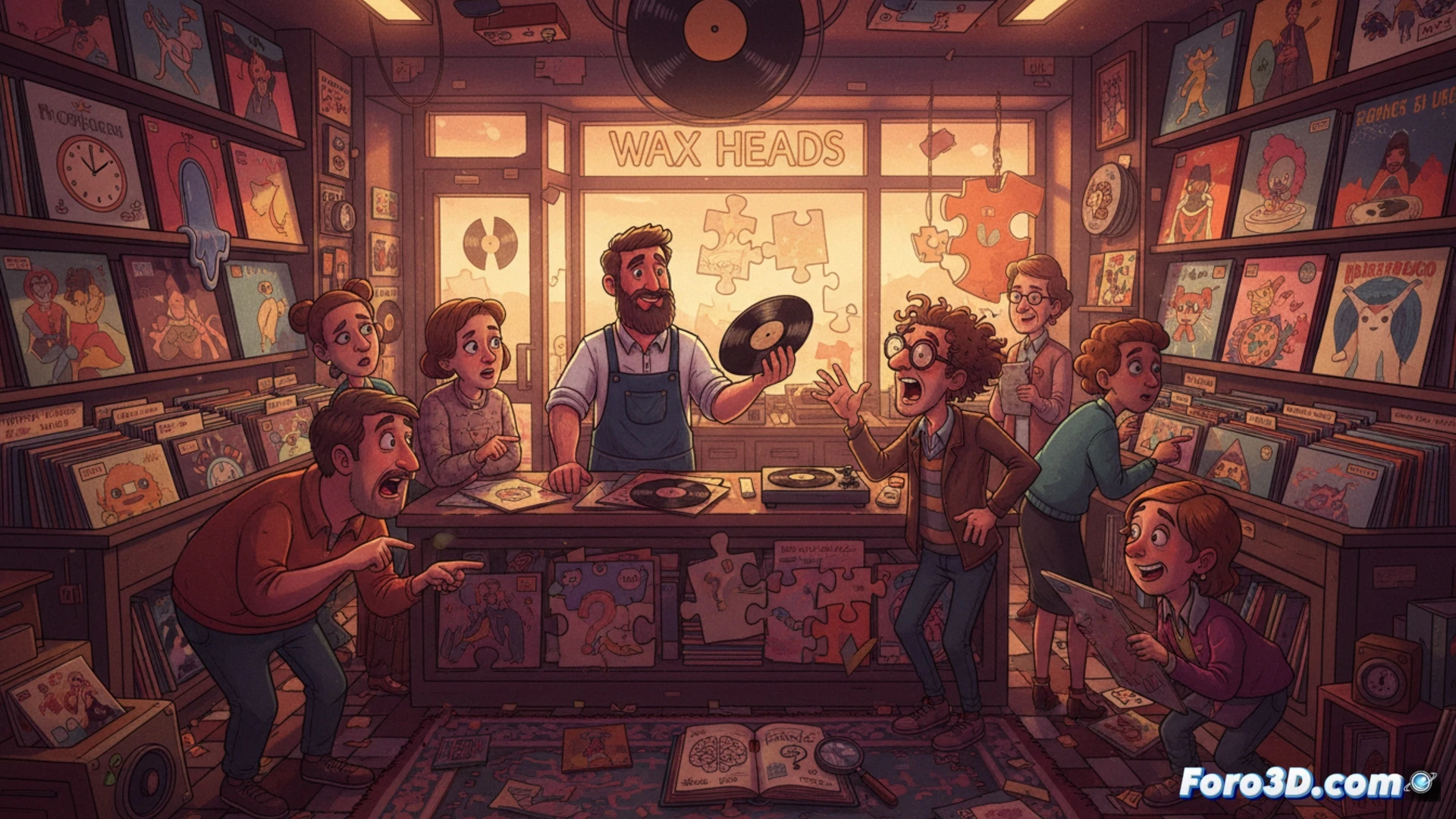 Una tienda de vinilos vintage, estanterías abarrotadas. Detrás del mostrador, alguien sostiene un disco. Un cliente señala confuso, con expresión de duda. Portadas coloridas y surrealistas.