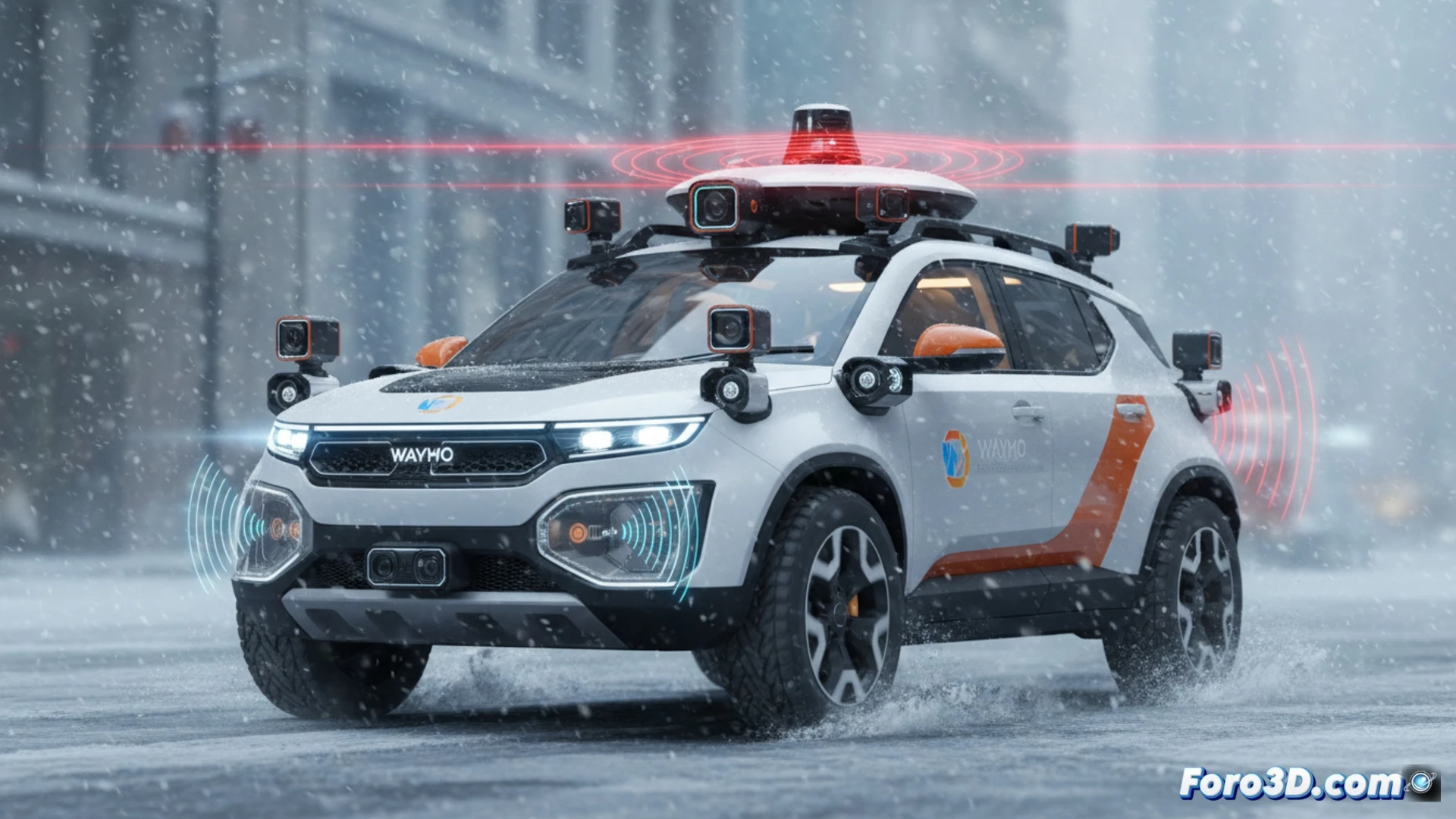 Vehiculo autonomo Waymo Gen6 con sensores LiDAR y camaras en clima nevado extremo