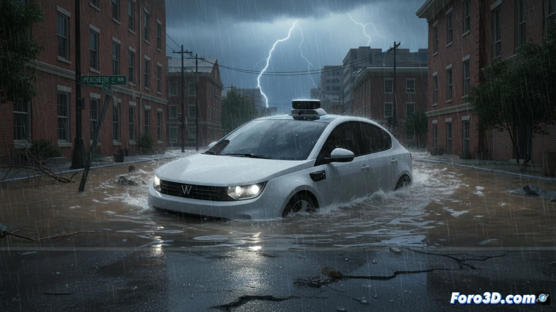 autonomous electric taxi submerged in murky floodwater on a flooded Atlanta street, water reaching halfway up the vehicle doors, LiDAR sensor array on roof splashing water droplets, tire hydroplaning visible with water spray arcing away, degraded sensor beams shown as scattered broken light rays in heavy rain, dashboard alert screen displaying flood warning error code, dark storm clouds overhead, cinematic photorealistic engineering visualization, wet asphalt reflections, dramatic storm lighting, ultra-detailed mechanical components, water droplets on camera lenses, realistic weather effects
