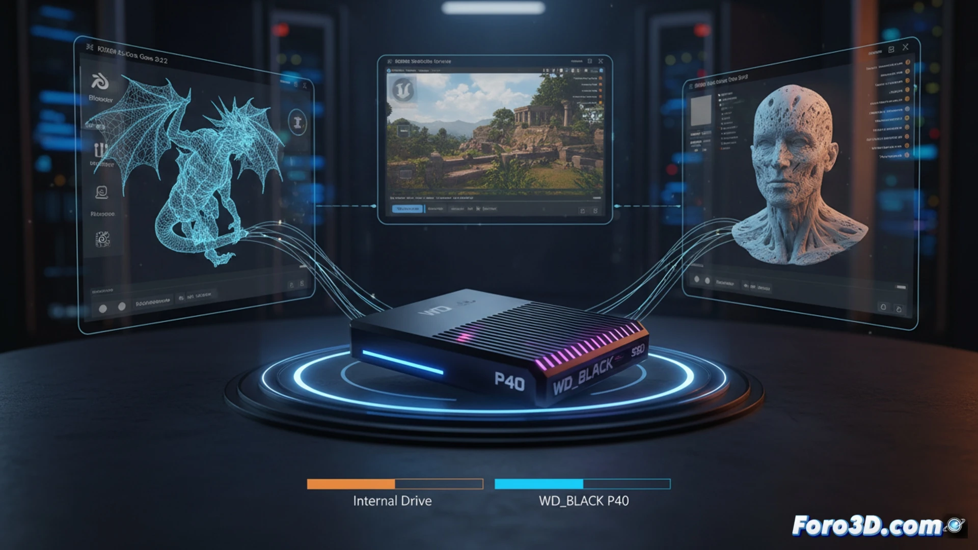 SSD externo WD_BLACK P40 con iluminación RGB y cable USB-C para flujo de trabajo 3D