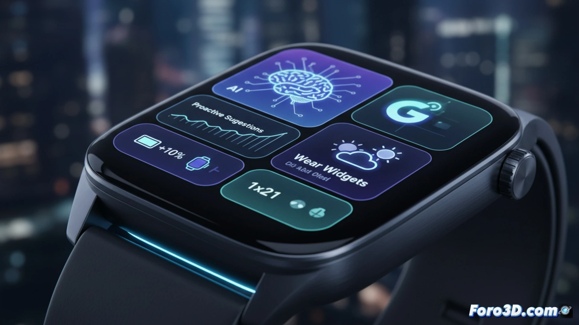 smartwatch displaying new Wear OS 7 home screen, user swiping to replace old Tiles with floating 2x1 and 2x2 Wear Widgets, Gemini AI glowing node in the corner pulsing with data, battery percentage indicator rising by 10 percent compared to previous model, technical illustration style, clean digital interface with transparent widget layers, subtle holographic grid lines showing widget placement zones, realistic smartwatch metal casing with rotating crown, soft ambient studio lighting, high contrast UI elements, photorealistic product visualization