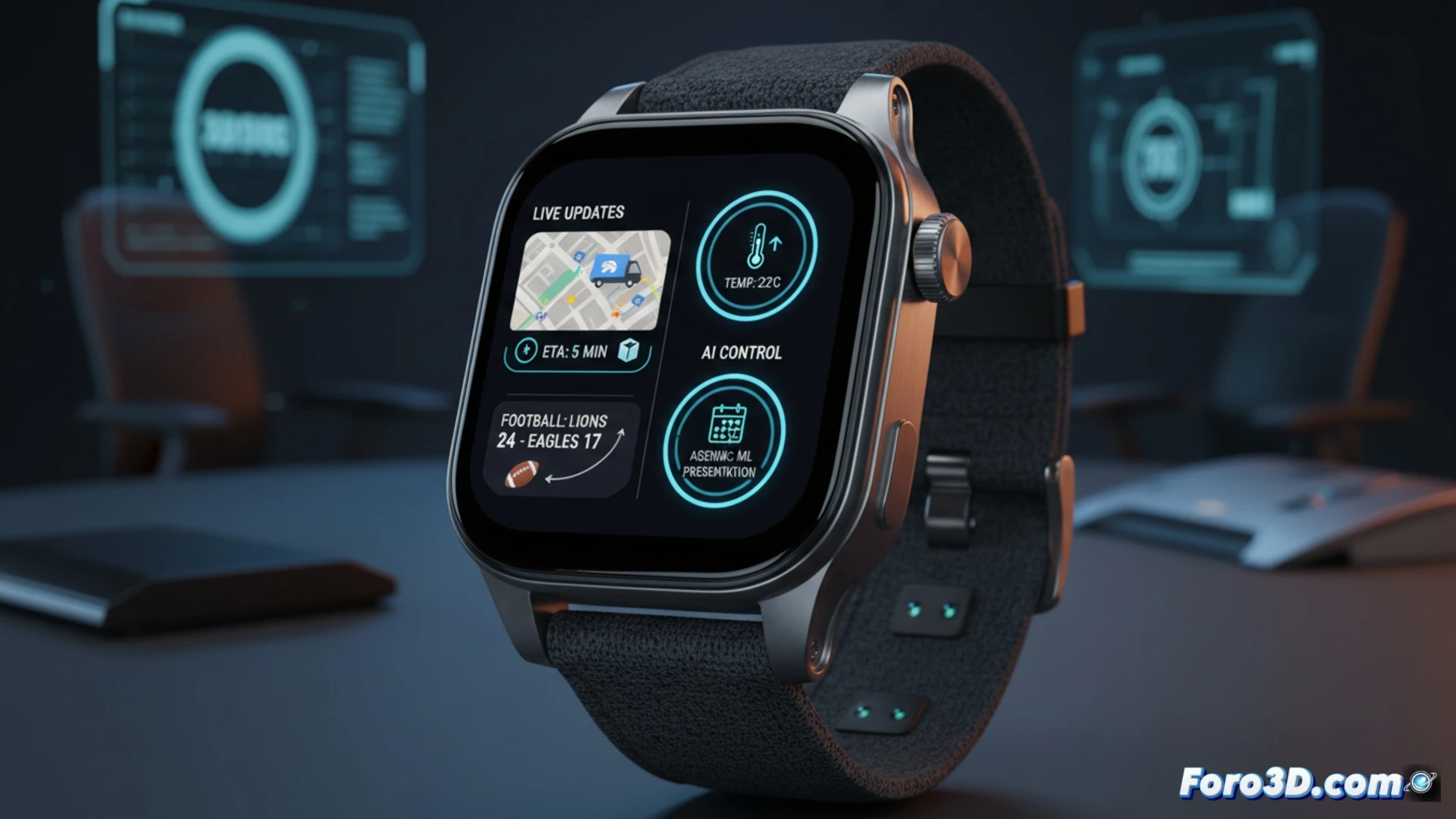 Photorealistic smartwatch on a wrist displaying a glowing live notification feed with delivery truck icon and sports score update, while a translucent AI assistant interface hovers above the watch face showing automated task controls, user tapping the screen to interact, subtle light reflections on the metal casing, dynamic UI elements with gradient colors, modern minimalist desk background with a smartphone nearby in sleep mode, cinematic macro shot highlighting the watch display and finger gesture, ultra-detailed screen textures, soft ambient lighting, technical product visualization