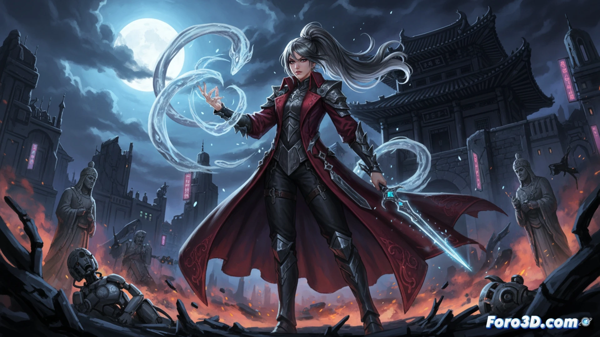 Korean webtoon digital art style, a fierce female assassin with a deformed facial scar stands over a defeated male villain, her sword dripping with blood while she smashes a shattered mirror with her bare fist, fragments flying in mid-action, glowing magical energy swirling from her hand during the rebirth process, modern urban rooftop setting at night, neon city lights reflecting on wet concrete, cinematic action scene, dramatic low-angle shot, dynamic pose showing raw aggression without romantic rescue tropes, bold comic panel composition, high-contrast lighting with cyberpunk color palette, ultra-detailed character expression of cold fury, photorealistic digital painting with webtoon rendering techniques