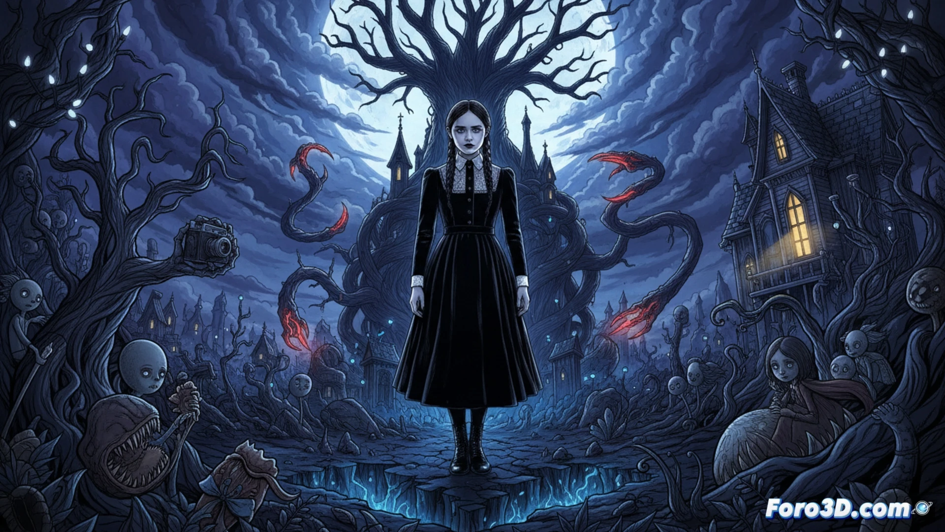 Wednesday Addams in a dark dormitory room, seated at a vintage typewriter while holographic streaming data graphs float beside her, showing audience retention metrics and trending series comparisons, her fingers mid-stroke on keys, a glowing Netflix interface projected on the wall behind her, cinematic technical illustration style, moody blue and purple lighting, dust particles suspended in air, vintage desk lamp casting sharp shadows, realistic fabric textures on her black dress, photorealistic engineering visualization, action of typing captured mid-motion, demonstrating data analytics process