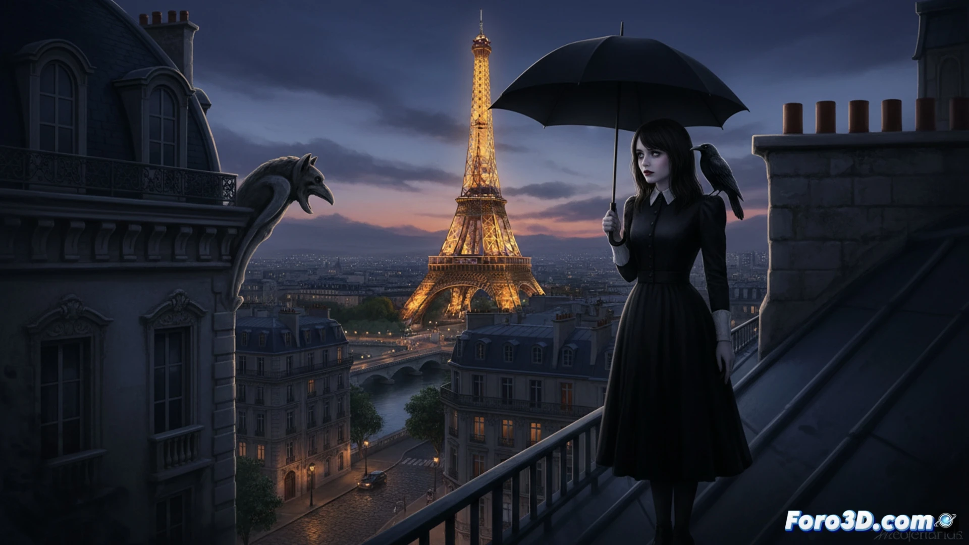 Wednesday en París: Jenna Ortega posa con chaqueta oscura junto a la Torre Eiffel, bajo un cielo gris, mientras un cuervo sobrevuela la escena.
