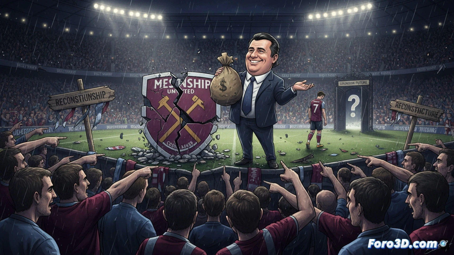 West Ham United stadium pitch at final whistle, mosaic of claret and blue scarves raised in protest, fans pointing angrily toward executive box where David Sullivan sits behind glass, Jarrod Bowen standing alone with head down near centre circle, empty seats in directors section, Championship league table projected faintly on scoreboard, financial spreadsheets crumbling into dust around stadium structure, cinematic photorealistic sports journalism style, dramatic overcast stadium lighting, deep shadows on empty stands, high contrast emotional tension, ultra-detailed crowd expressions and fabric textures