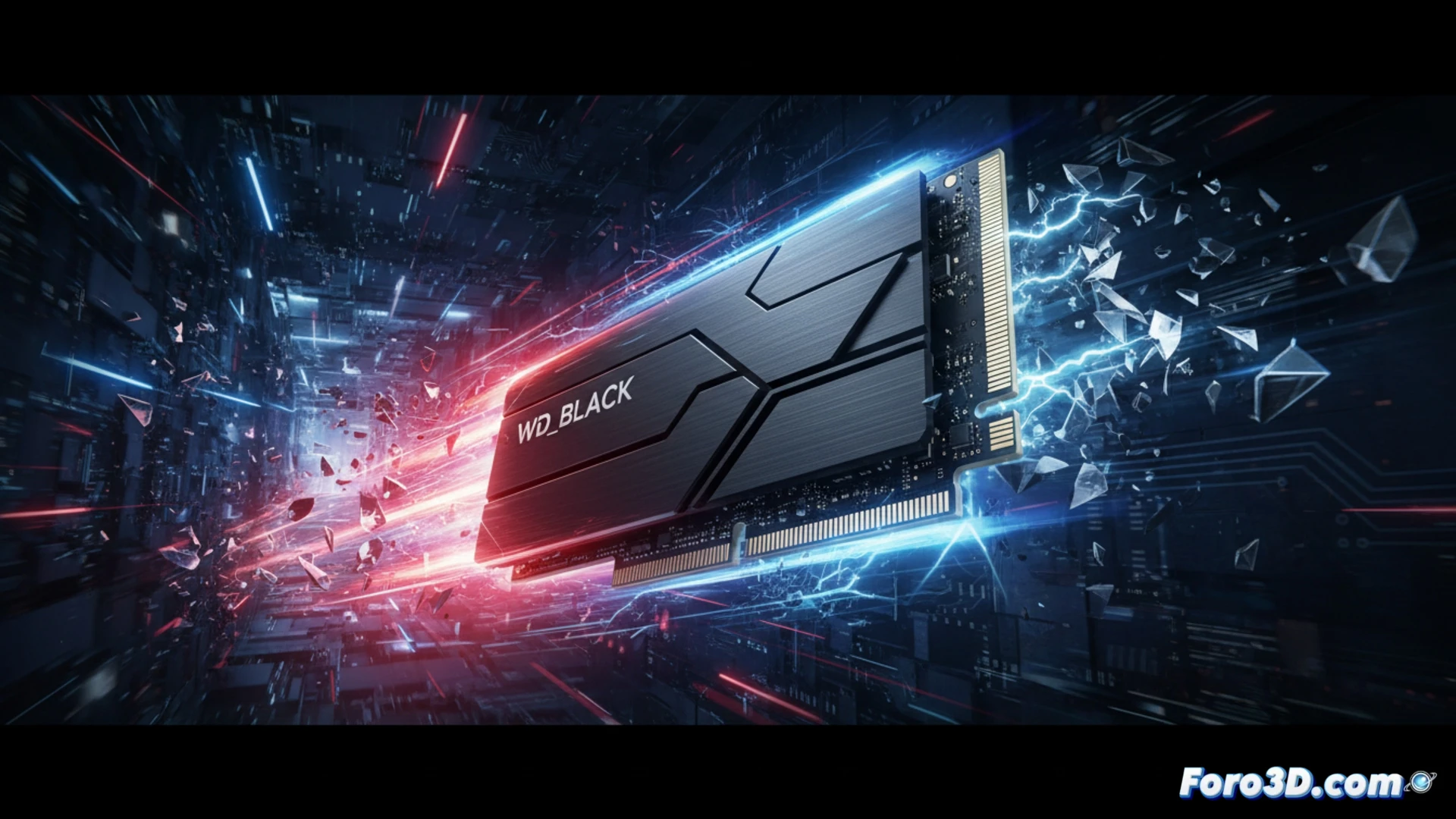 WD_BLACK SN850X SSD NVMe M.2 instalado en placa base gaming, disipador térmico de aluminio retirado mostrando el chip controlador y módulos NAND, cables SATA desenchufados a un lado mientras el SSD brilla con luz negra y azul, ventiladores RGB girando en segundo plano, humo de calor saliendo del disipador durante una prueba de estrés de escritura, reflejos metálicos en los contactos dorados del conector M.2, cinematic engineering visualization, photorealistic technical render, iluminación industrial dramática, texturas de circuitos ultradefinidas