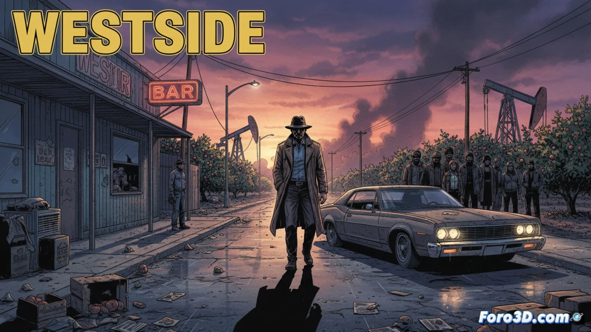 Depiction of a noir crime scene in California Central Valley farmland, a detective crouches by a rusted irrigation pipe, examining bullet casings in dry cracked earth, distant almond orchard rows fade into thick fog, vintage pickup truck headlights cut through dusk, shadowy figure watches from a derelict packing shed, cinematic photorealistic style, dramatic chiaroscuro lighting, technical detail on weathered metal and dust particles suspended in air, wide-angle lens effect emphasizing isolation, muted browns and grays with single red taillight glow