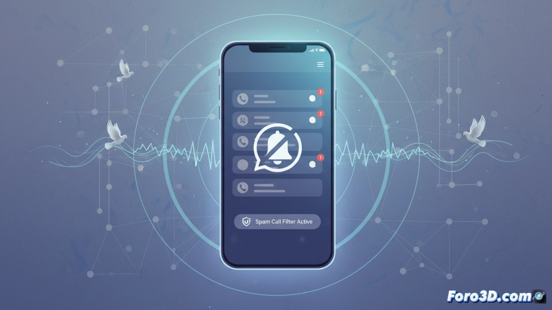 Un smartphone muestra una notificación de WhatsApp con una opción de silencio activada, mientras llamadas de números desconocidos aparecen en el registro sin sonar.