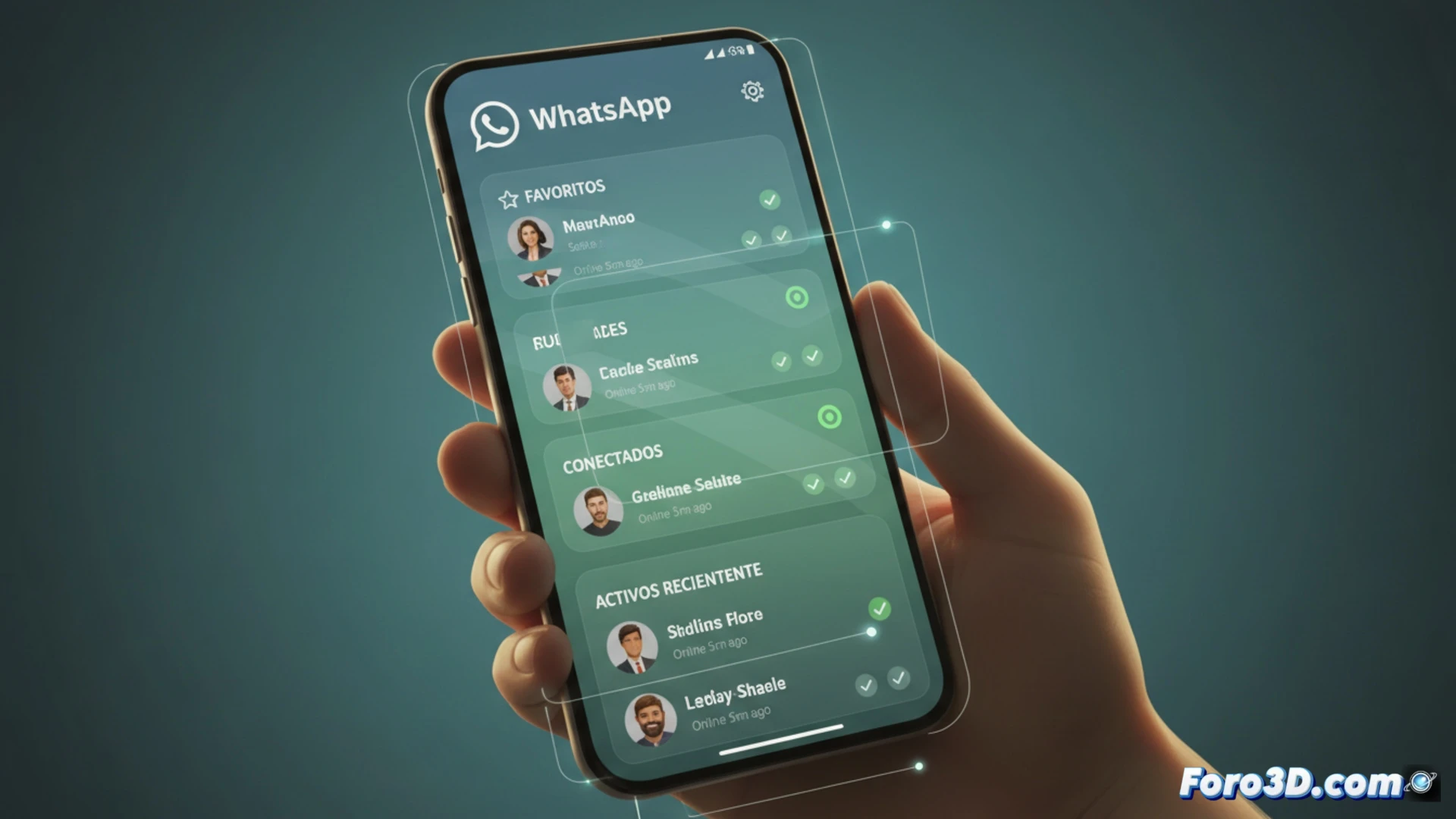 Smartphone screen interface demonstrating WhatsApp contact list feature with three distinct sections: favorite contacts at top highlighted with star icons, online contacts in middle with green status indicators, recently active contacts below with timestamp labels, finger tapping settings gear icon while privacy toggle switch is visible, iOS interface design, split-screen showing before and after activation, glowing connection lines between user and online contacts, dark mode UI with neon green accents, photorealistic mobile app render, cinematic macro lens perspective, shallow depth of field focusing on contact list hierarchy, subtle motion blur on scrolling animation, technical UI/UX illustration style