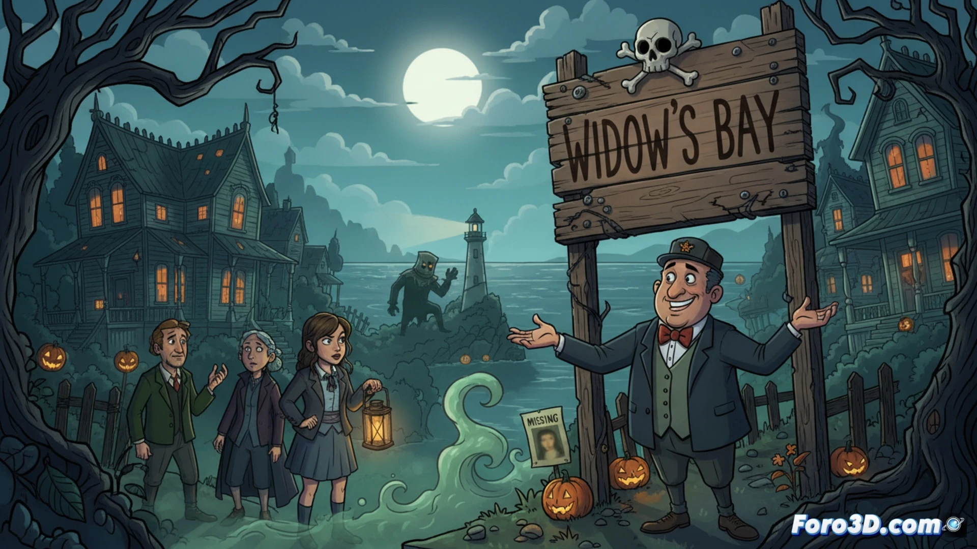 Una isla brumosa al atardecer; el alcalde Matthew Rhys señala un cartel turístico mientras una silueta encapuchada acecha entre sombras de Halloween.