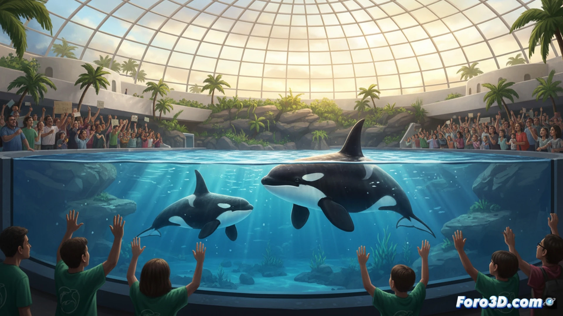 two orcas swimming side by side inside a large marine enclosure with a glass viewing wall, one adult and one smaller juvenile, water surface reflecting artificial light, a crane and transport container visible on the concrete pool edge during relocation process, stainless steel gates and underwater viewing windows showing mechanical filtration pipes, cinematic photorealistic technical visualization, cold blue-green water tones, industrial facility architecture in background, dramatic shadows from overhead structure, ultra-detailed water caustics and orca skin texture, high-contrast lighting emphasizing the confined space, engineering documentary style