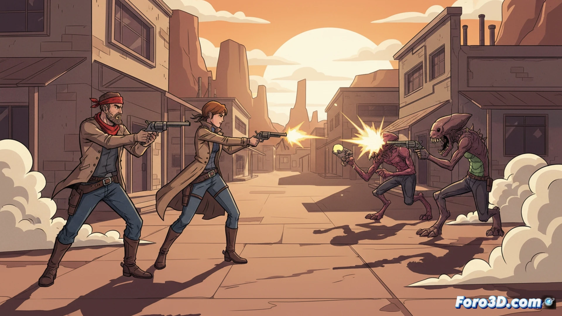 Wild Bastards juego Unity cell-shading 2D sprites en entornos 3D colorido acción
