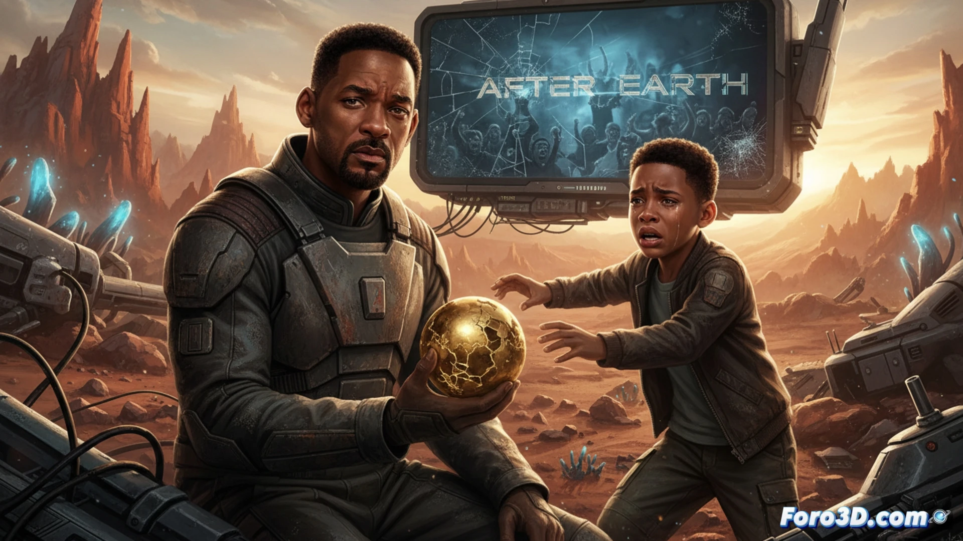 Will Smith y Jaden, de espaldas, frente a un cartel roto de After Earth. Sombra de distancia entre ellos.