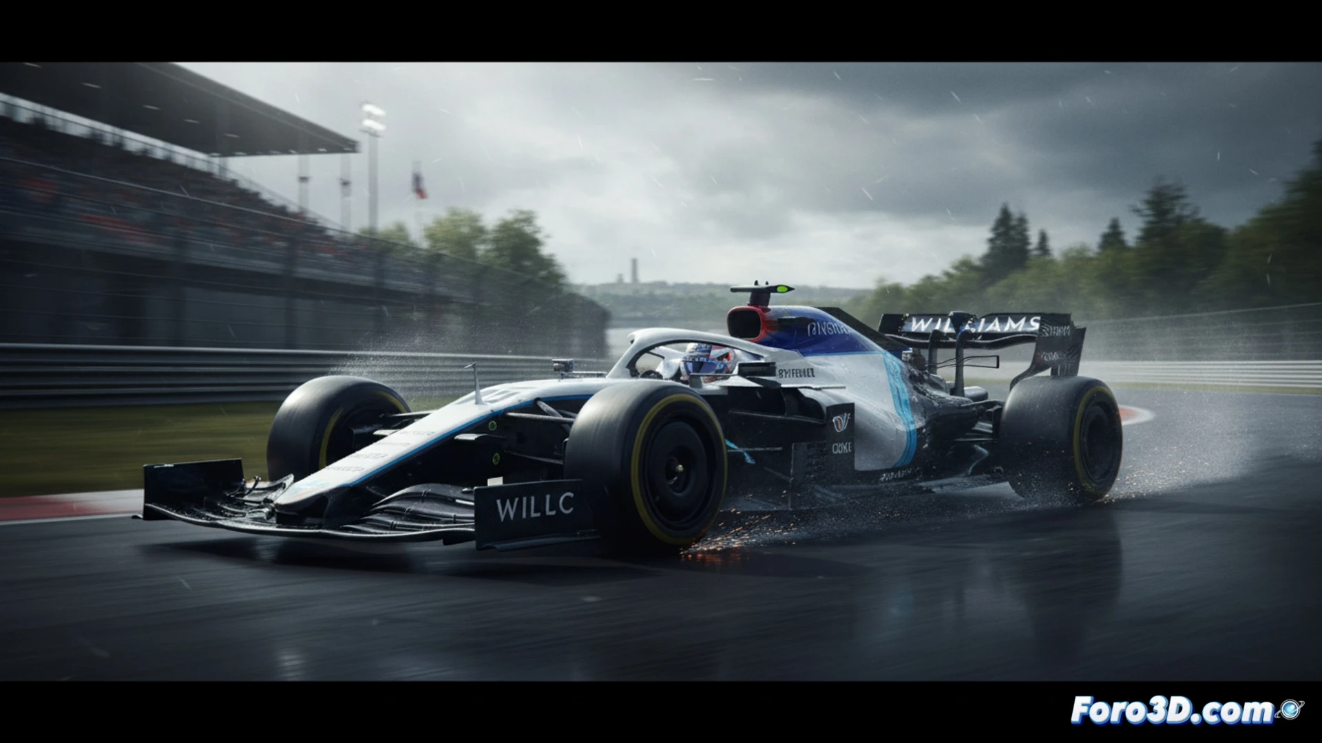 Williams FW48 con alerón trasero en boxes, mecánicos ajustando piezas nuevas bajo luces de garaje en Montreal.