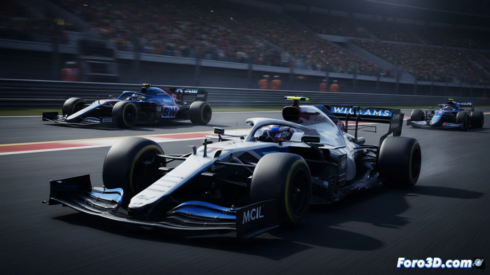 Descripción de imagen: Primer plano del FW47 de Carlos Sainz en una curva rápida. Al fondo, un Alpine se aleja, con la parrilla de boxes en penumbra.