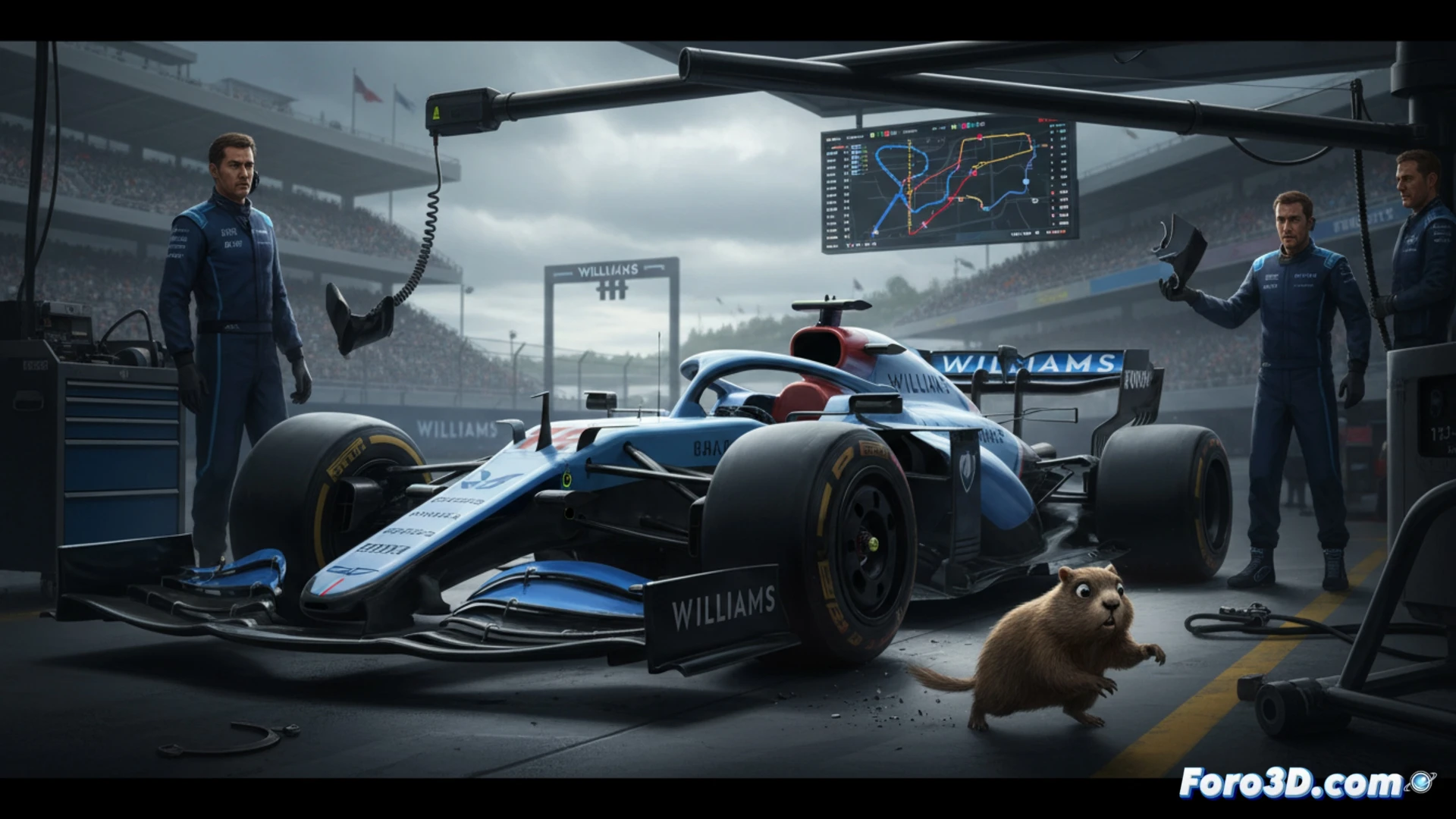 Williams F1 car struggling through Circuit Gilles Villeneuve chicane, marmot-shaped debris scattering across track surface, rear wing showing disrupted airflow patterns, mechanics in pit lane analyzing telemetry screens with red warning indicators, tires losing grip on dusty asphalt, brake discs glowing orange under heavy braking, concrete walls reflecting wet patches from recent rain, cinematic engineering visualization, low angle shot capturing suspension compression and tire deformation, dramatic overcast lighting with dappled shadows from grandstand structures, ultra-detailed carbon fiber textures, photorealistic technical render
