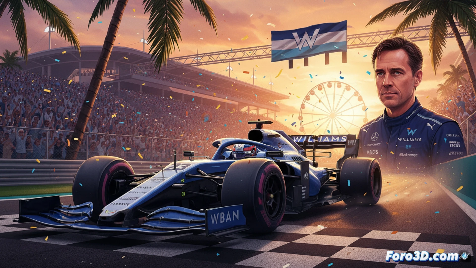 Un Williams FW48 rojo y blanco cruza la meta en Miami bajo palmeras, mientras James Vowles sonríe aliviado, con Cadillac y Aston Martin detrás.