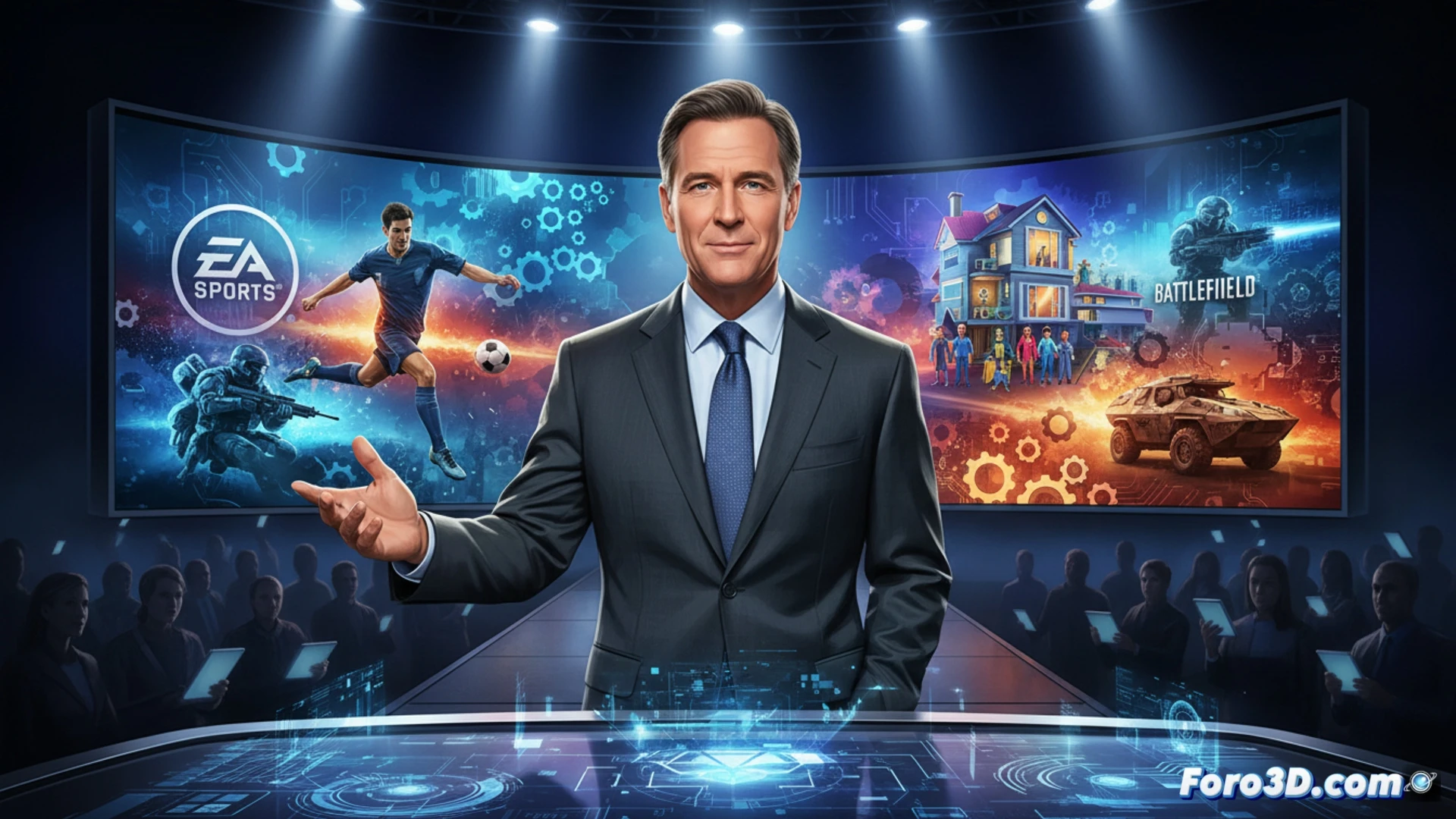 Descripción: Andrew Wilson sonríe frente a pantallas de EA Sports FC, Los Sims y Battlefield, con trabajadores colaborando con IA generativa, simbolizando creación de empleos.