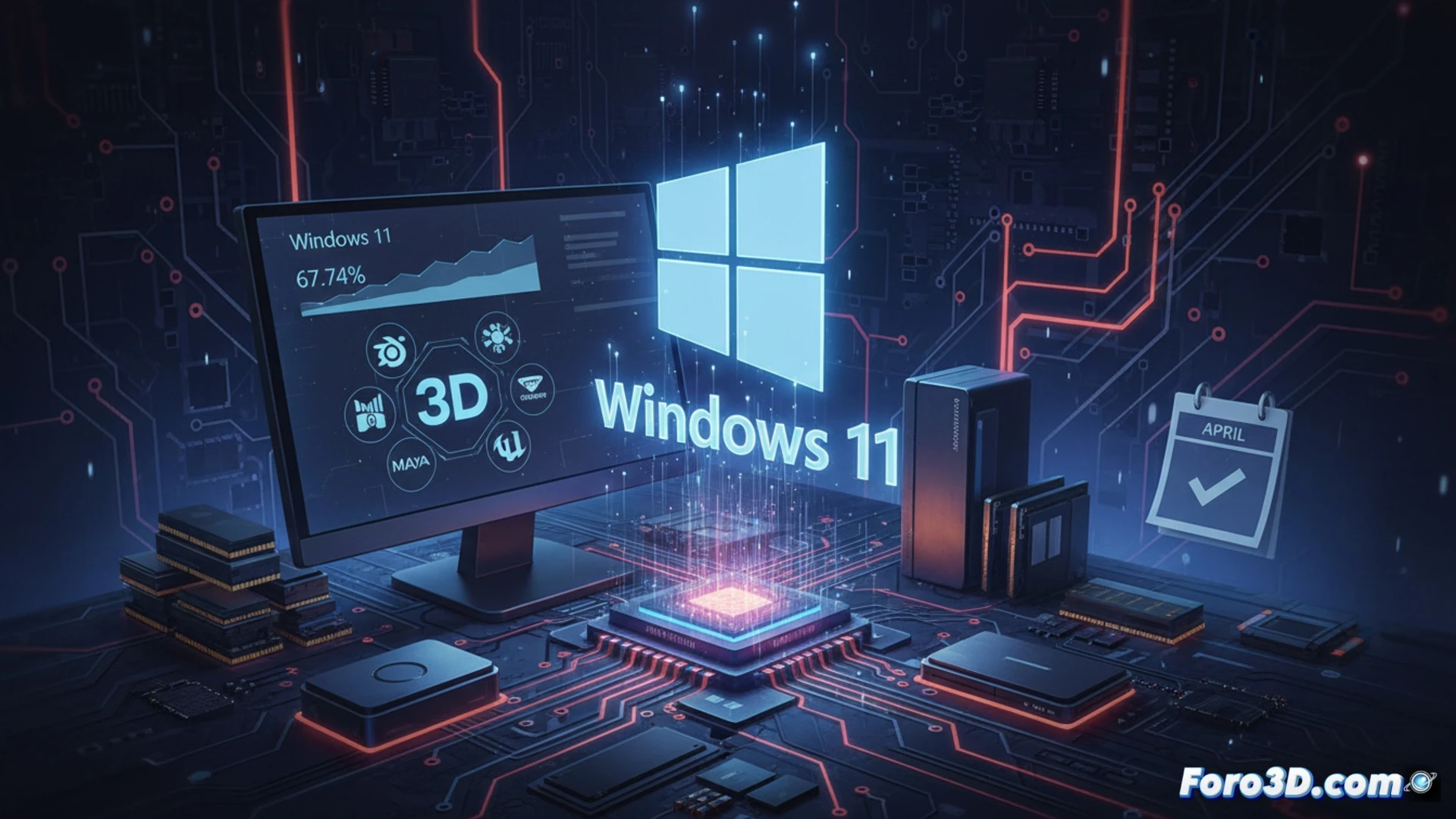 Grafico circular de Steam con Windows 11 al 67,74% y logos de Blender, Maya y Unreal Engine