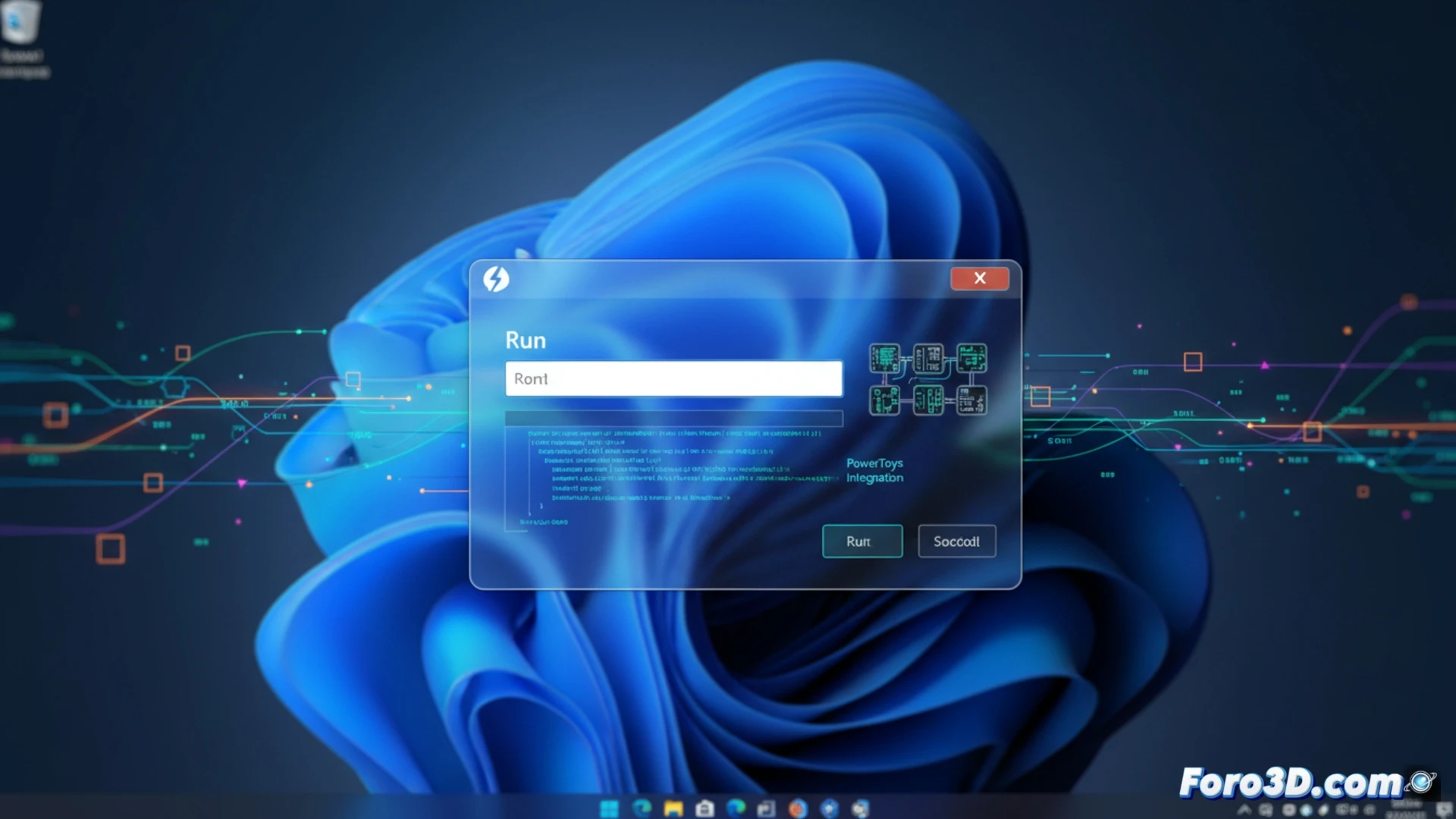 Un usuario en Windows 11 abre el menú Ejecutar con el atajo Win+R, mostrando una ventana moderna y fluida con el código de PowerToys integrado.