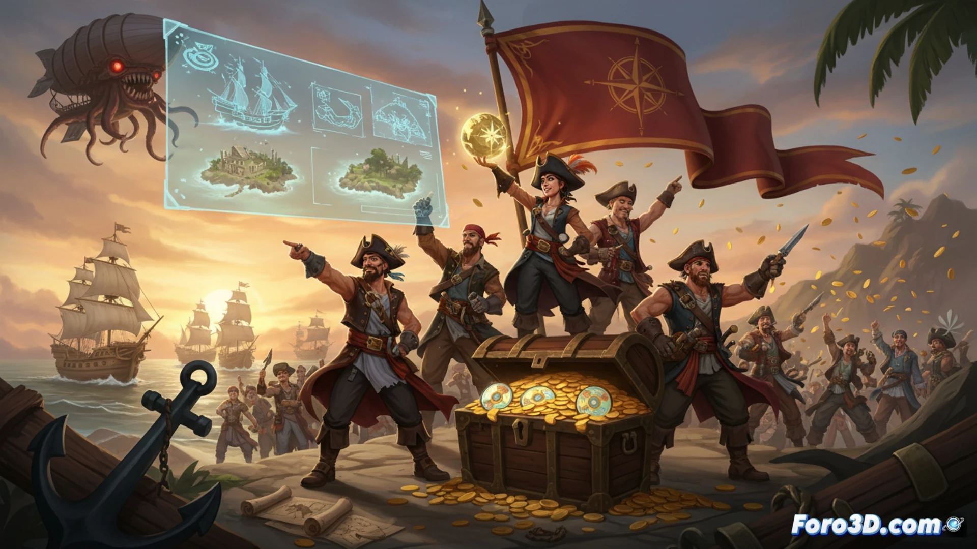 interactive pirate ship deck during a storm, multiple players controlling cannons and sails, glowing skill cooldown timers floating above character heads, real-time damage numbers popping from a kraken tentacle attack, UI elements showing party health bars and minimap, cinematic game engine visualization, dramatic lightning flashes illuminating wet wooden planks, particle effects from cannon smoke and ocean spray, dynamic shadows from swinging lanterns, ultra-detailed character animations, photorealistic fantasy art style