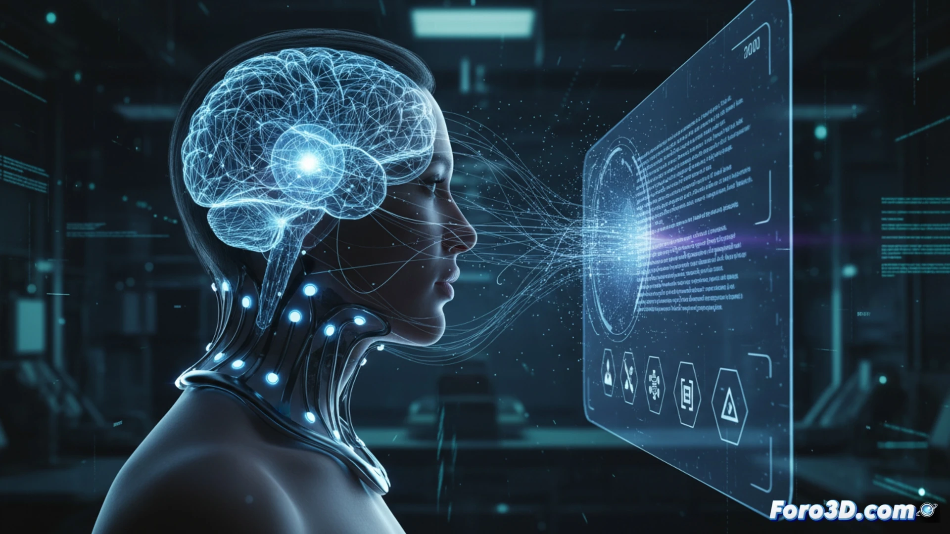 Persona usando un dispositivo en la garganta, con ondas digitales y texto emergiendo en el aire, comunicación silenciosa futurista