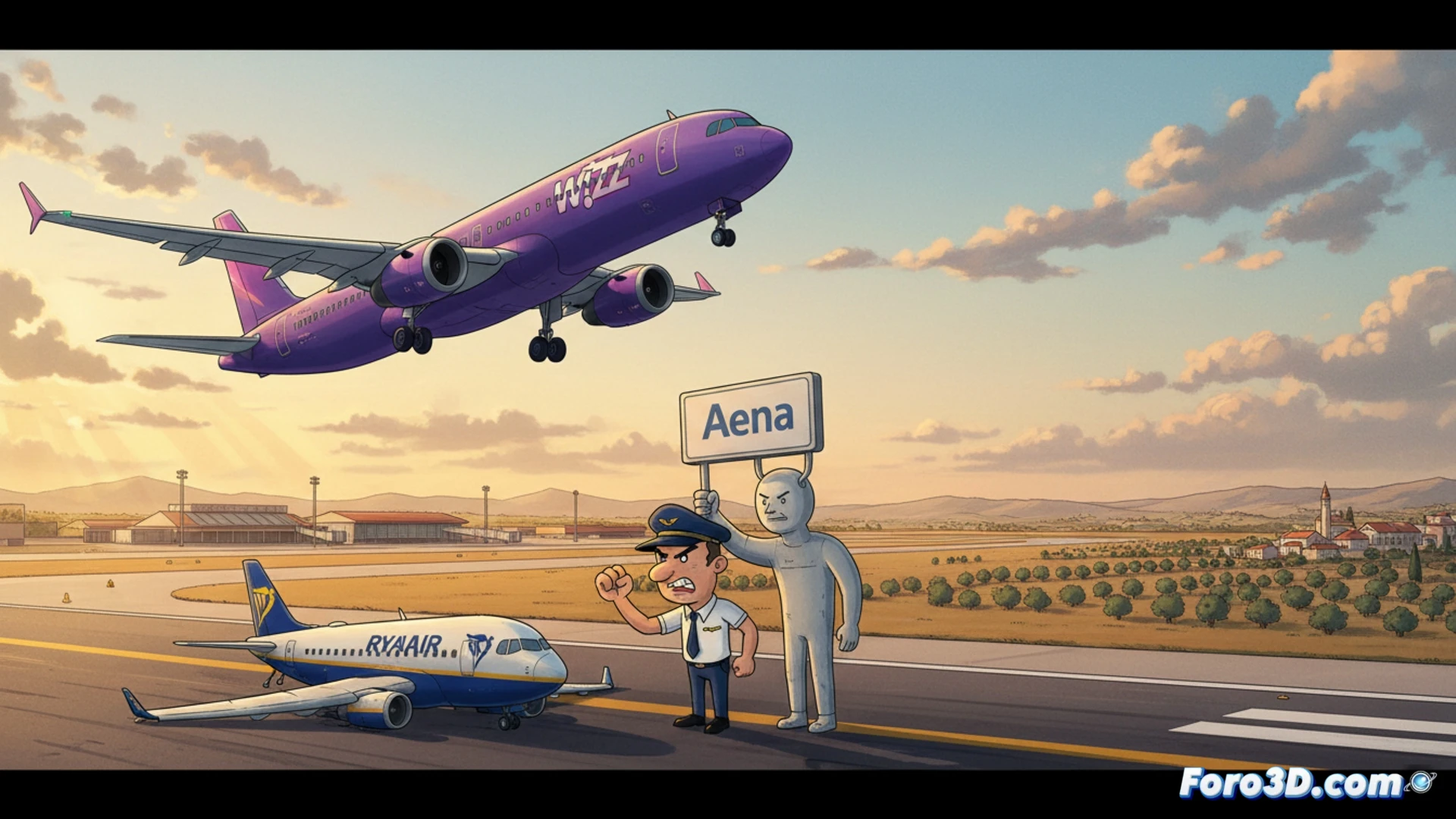 Un avión de Wizz Air despega mientras otro de Ryanair permanece en tierra, simbolizando el crecimiento del 39% en España.