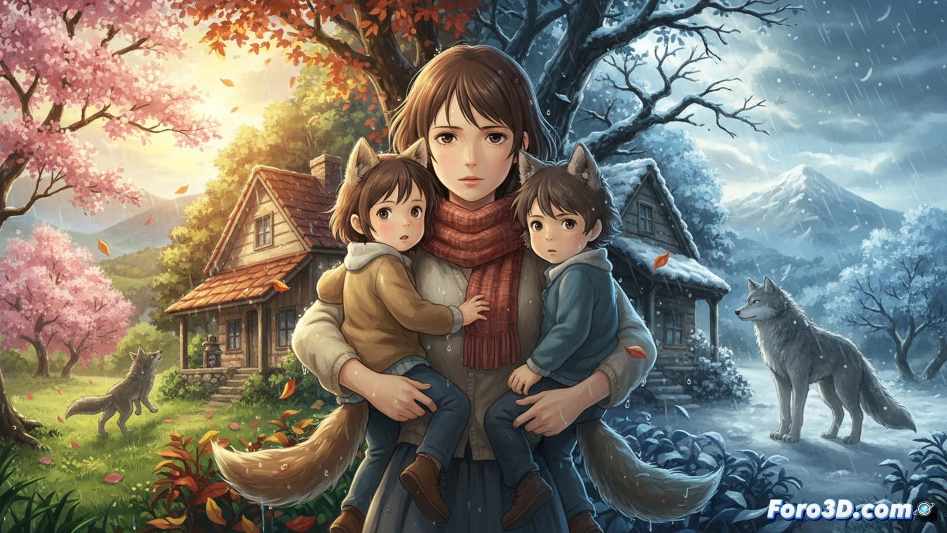 Una madre joven abraza a dos niños lobo bajo un cerezo en flor, mientras hojas de otoño y nieve simbolizan el tiempo y la transformación familiar.