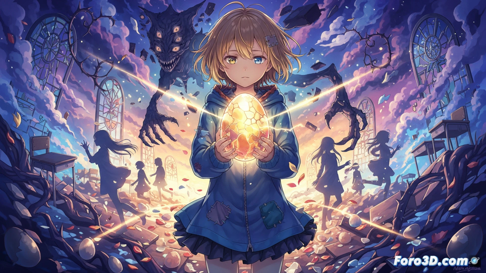 Personaje femenino joven sostiene un huevo brillante en un mundo onírico con colores pastel y sombras oscuras, simbolizando trauma y esperanza.