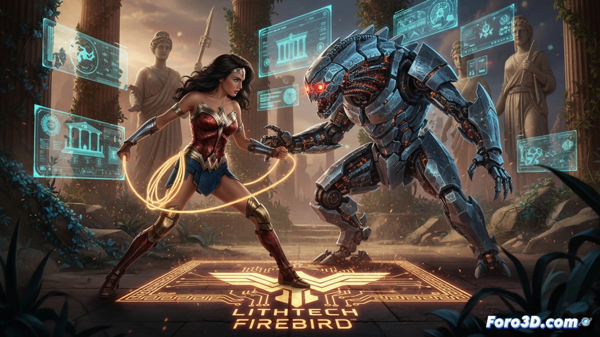 Wonder Woman con armadura dorada empuña espada frente a dioses griegos en motor LithTech Firebird