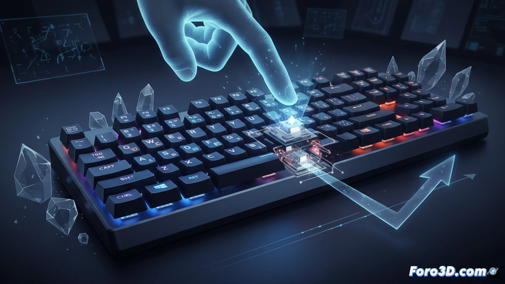 Close-up cinematic engineering visualization of a Wooting 80HE keyboard during a competitive gaming moment, a player finger pressing the W key mid-action, cross-section cutaway revealing magnetic Hall Effect sensors beneath each keycap, adjustable actuation point being demonstrated with a translucent overlay showing shallow versus deep trigger zones, glowing orange magnetic field lines interacting with the switch stem, rapid motion blur on the fingertip while surrounding keys remain static, photorealistic metallic chassis with brushed aluminum finish, dramatic side lighting emphasizing internal PCB traces and electronic components, technical illustration style with ultra-detailed mechanical parts