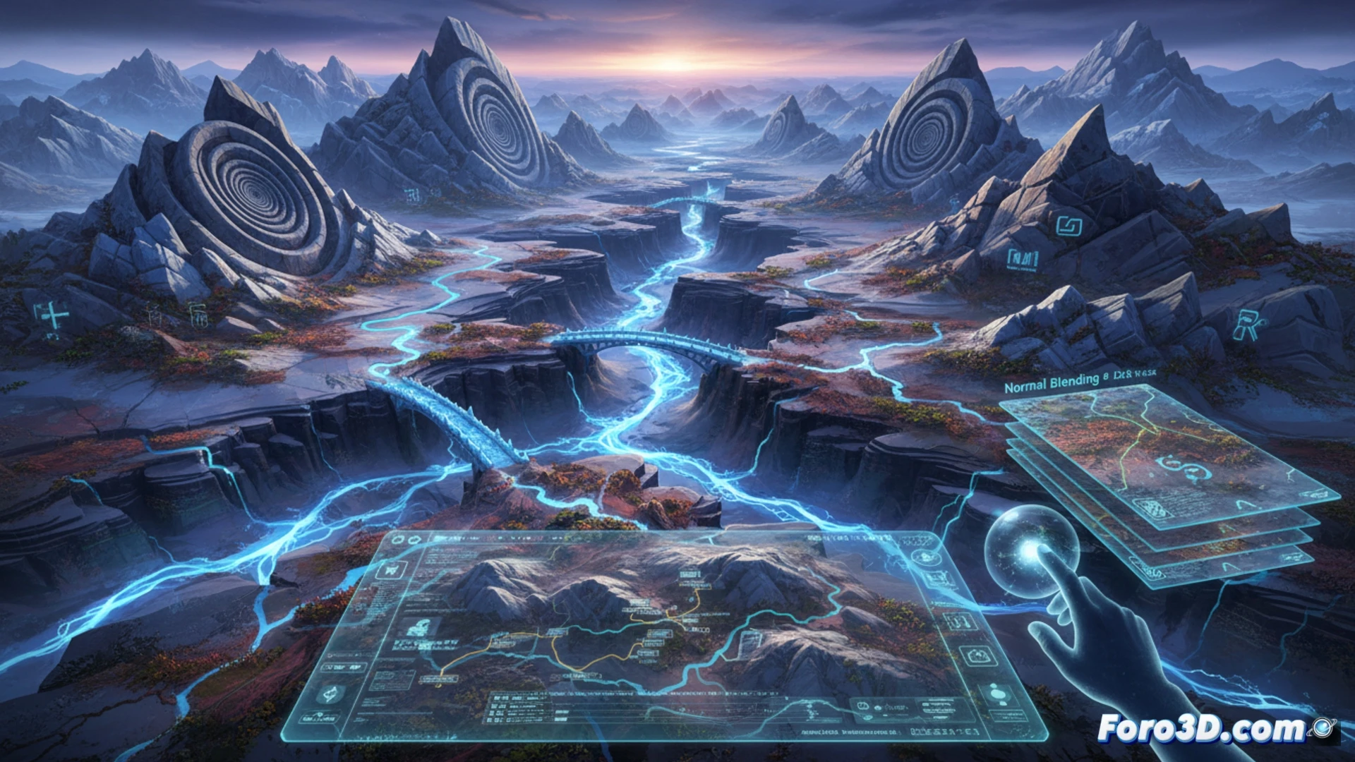 Un paisaje 3D generado por World Creator 2026.4, con montañas detalladas, un río serpenteante y calcomanías aplicadas sobre el terreno. La escena muestra la interfaz del software con campos numéricos y expresiones matemáticas visibles en pantalla.