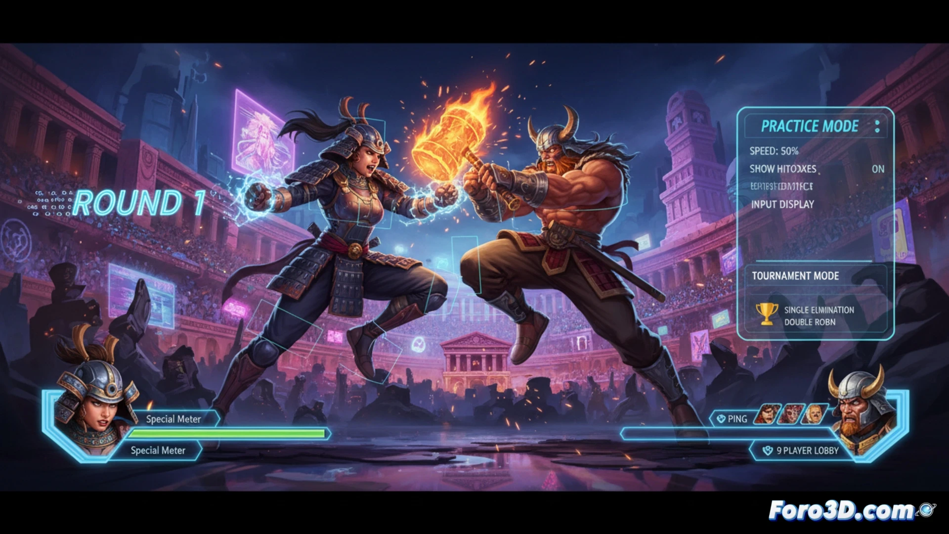 Pantalla de selección de personajes de World Heroes Perfect con nueve luchadores, red de rollback y modo torneo destacados.