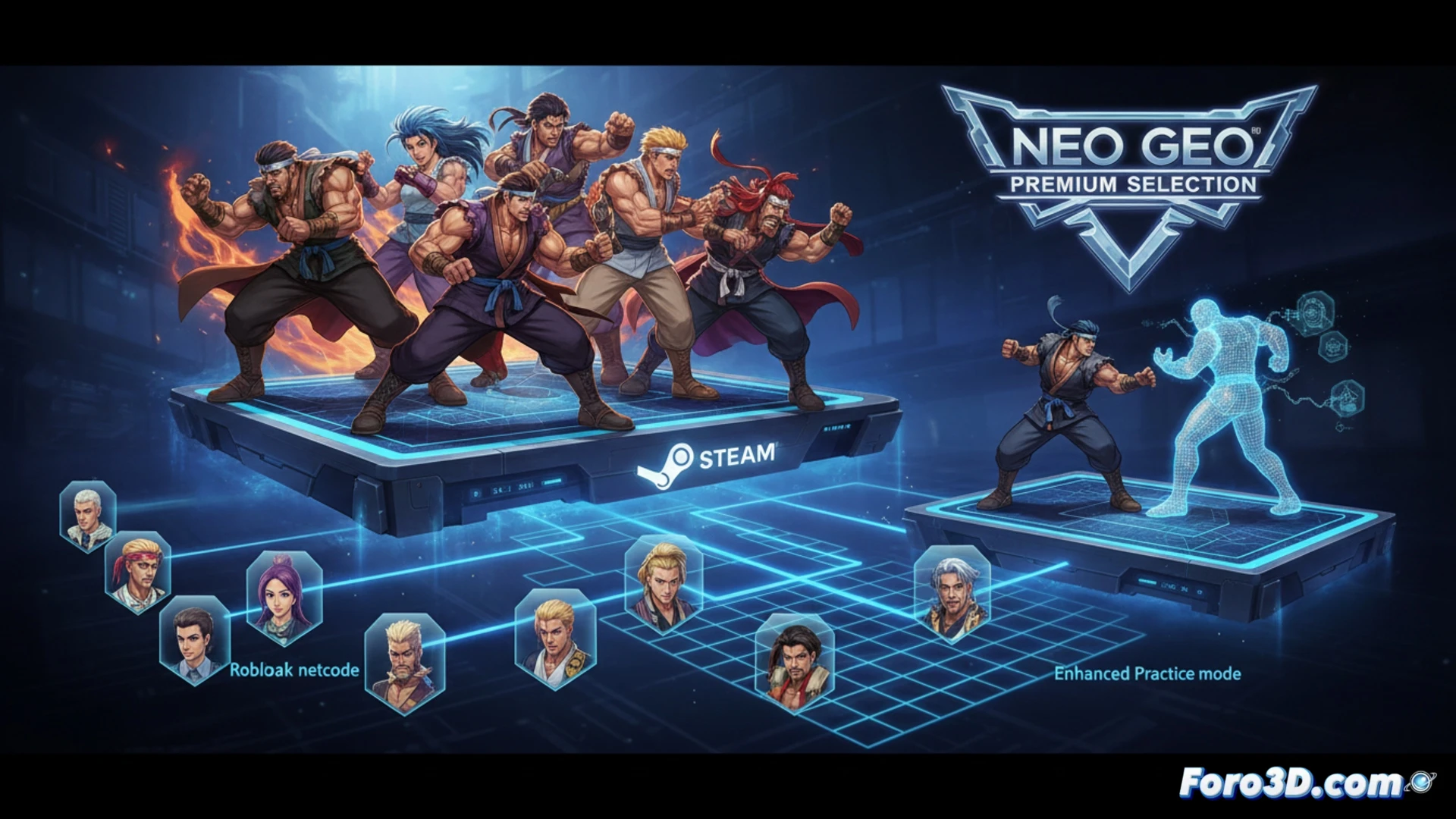 Una pantalla dividida muestra a dos luchadores de World Heroes Perfect enfrentándose, con ventanas emergentes que destacan rollback netcode y el modo práctica con hitboxes visibles.