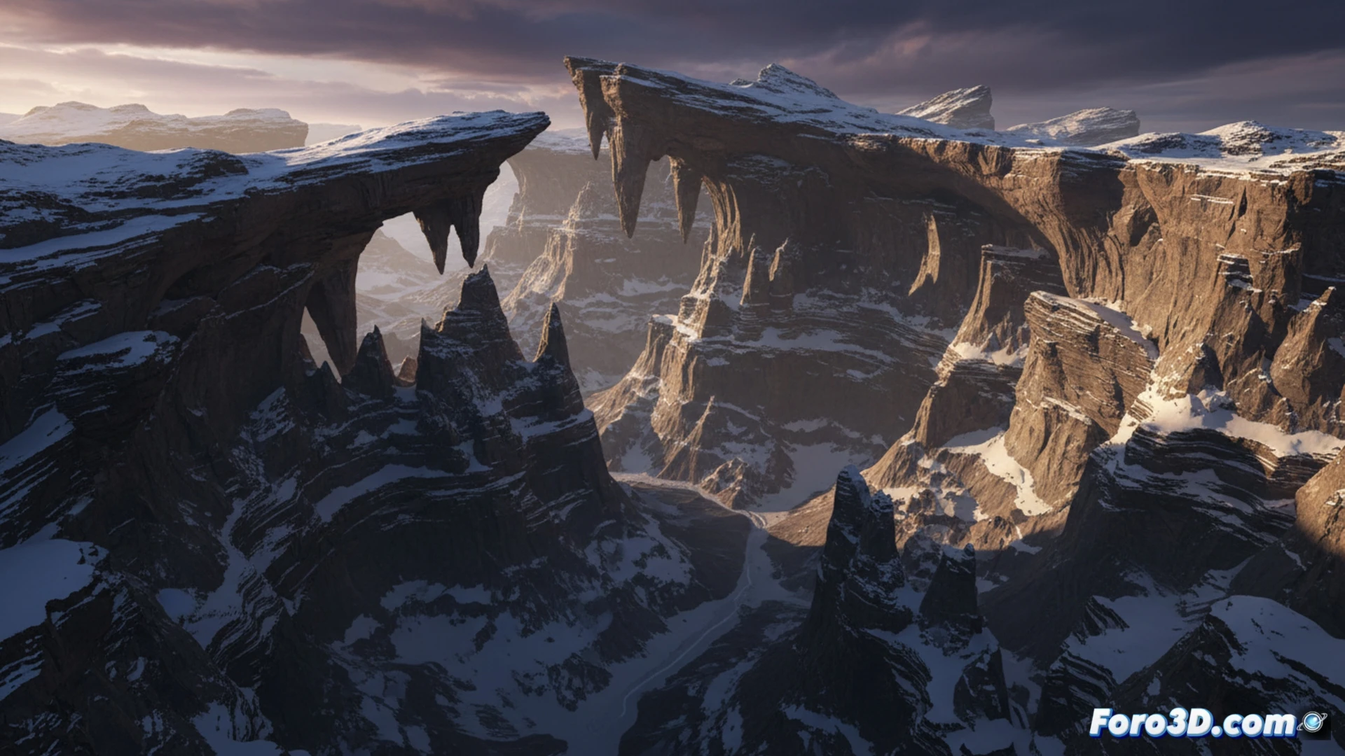 terrain 3D generation software interface showing vector displacement map applied to a rocky cliff with overhangs and a cave opening, erosion tool actively sculpting vertical cliff face while snow tool deposits on ledges, real-time 3D viewport with wireframe overlay, cinematic technical illustration, dramatic side lighting casting long shadows, photorealistic rock textures, deep blue sky background, ultra-detailed geological features, industrial software aesthetic