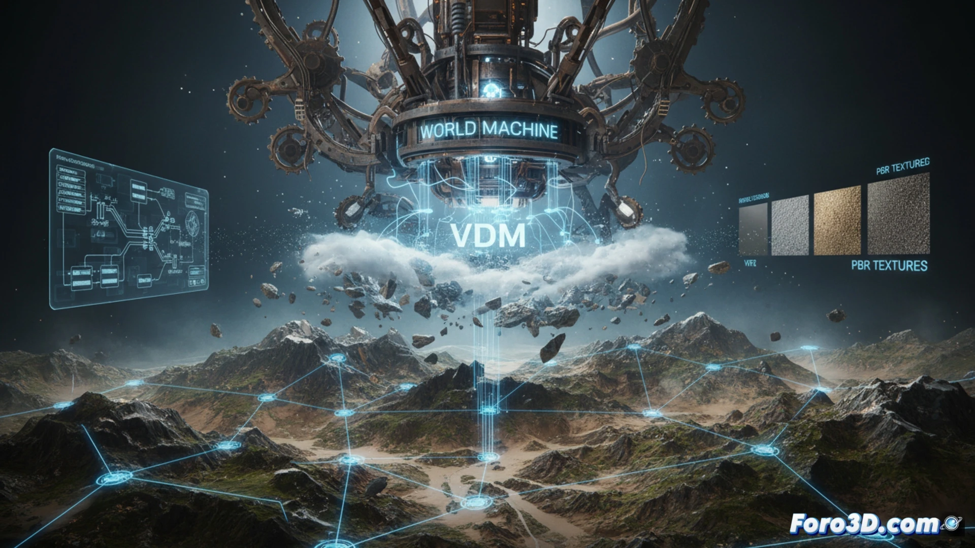 Una interfaz de nodos procedurales muestra un terreno generado con VDM, erosionado y texturizado PBR, listo para VFX.
