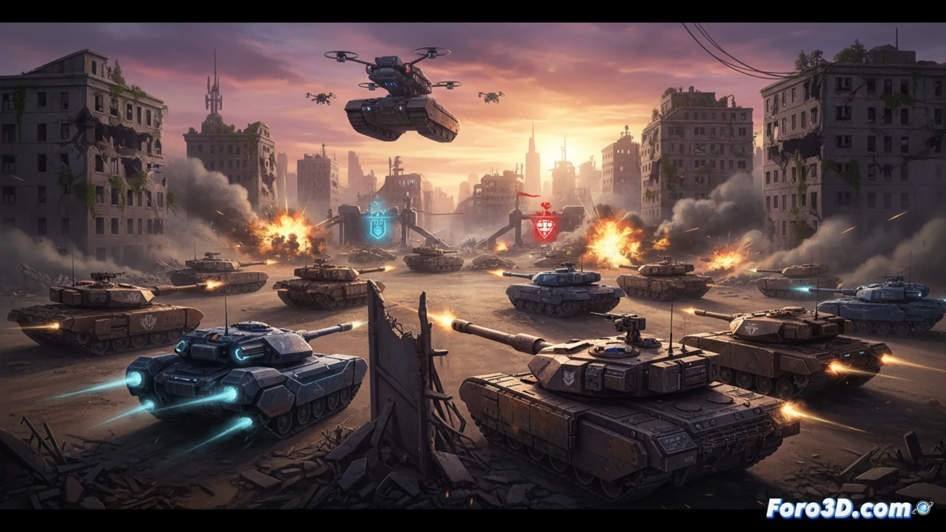 fifteen distinct armored vehicles arranged in a combat formation across a rocky desert map, one tank firing a high-explosive anti-tank round while another deploys a defensive shield module, three agents visible in cockpits with holographic targeting interfaces showing hardpoint capture zones, modular equipment panels glowing on vehicle hulls, cross-play progress sync icon floating above a central command table, cinematic photorealistic rendering with dramatic dust clouds and lens flare, dynamic action freezing mid-explosion, ultra-detailed mechanical components and suspension systems, warm golden hour lighting contrasting with cool blue energy shields