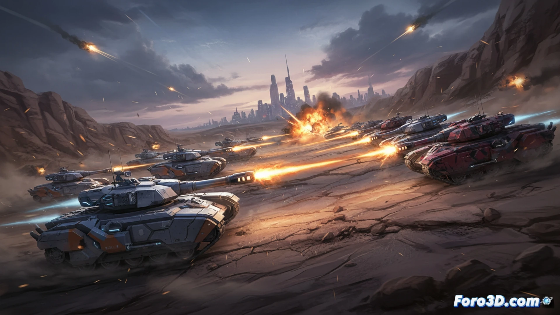 Explosive tank battle in desert ruins, HEAT round detonating against reactive armor, metal fragments and smoke erupting outward, three tanks maneuvering at high speed in tight formation, dust trails kicking up from rapid turns, engine exhaust glowing orange, targeting reticle overlay showing lock-on, urban debris scattered across battlefield, cinematic action shot with dramatic lighting, photorealistic render, motion blur on rotating turret, glowing projectile trajectory lines, intense muzzle flash from cannon, ultra-detailed tank treads gripping sand, dynamic combat composition