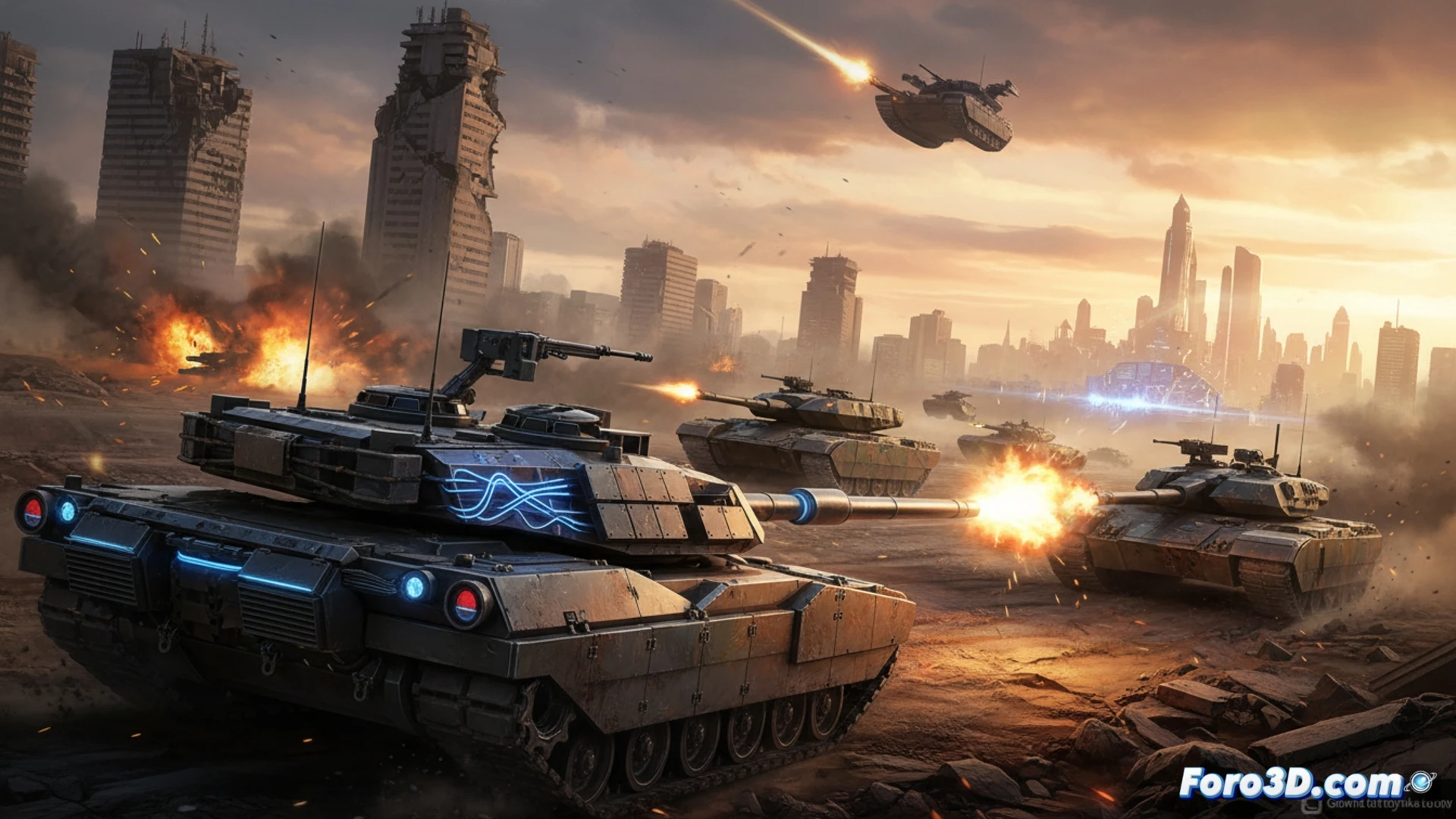 futuristic tank battle scene in an alternate post-WWII setting, a heavily armored HEAT vehicle firing a high-explosive projectile at an enemy tank, smoke and debris erupting from the impact point, cross-platform gameplay interface elements floating in the air showing PC console and Steam Deck icons connected by glowing data streams, cinematic photorealistic visualization, detailed tank tracks kicking up mud and sparks, dynamic motion blur on rotating turret, realistic explosion lighting casting orange highlights on metallic armor, ultra-detailed mechanical components visible on the tank hull, dramatic battlefield atmosphere with dust particles and fire