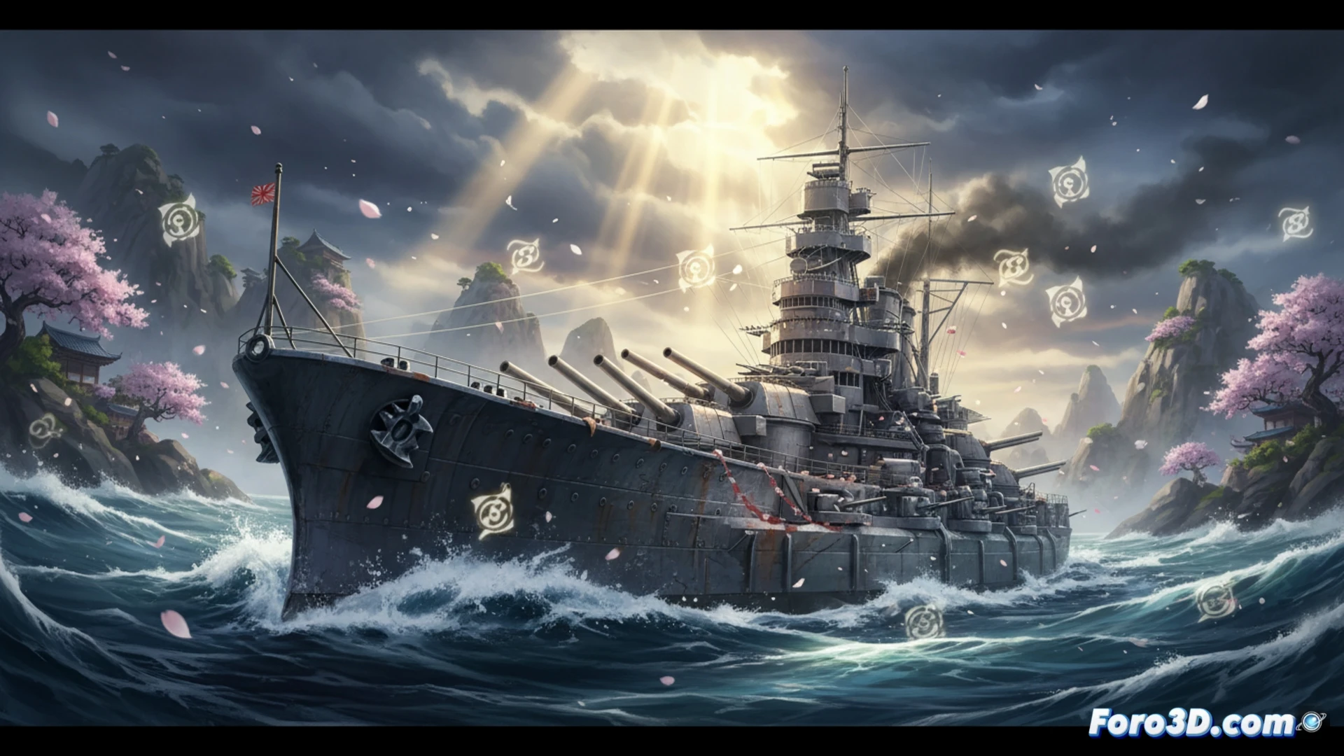 Un acorazado japonés Inamura surca mares brumosos al amanecer, con montañas florecientes al fondo y explosiones navales iluminando la batalla.