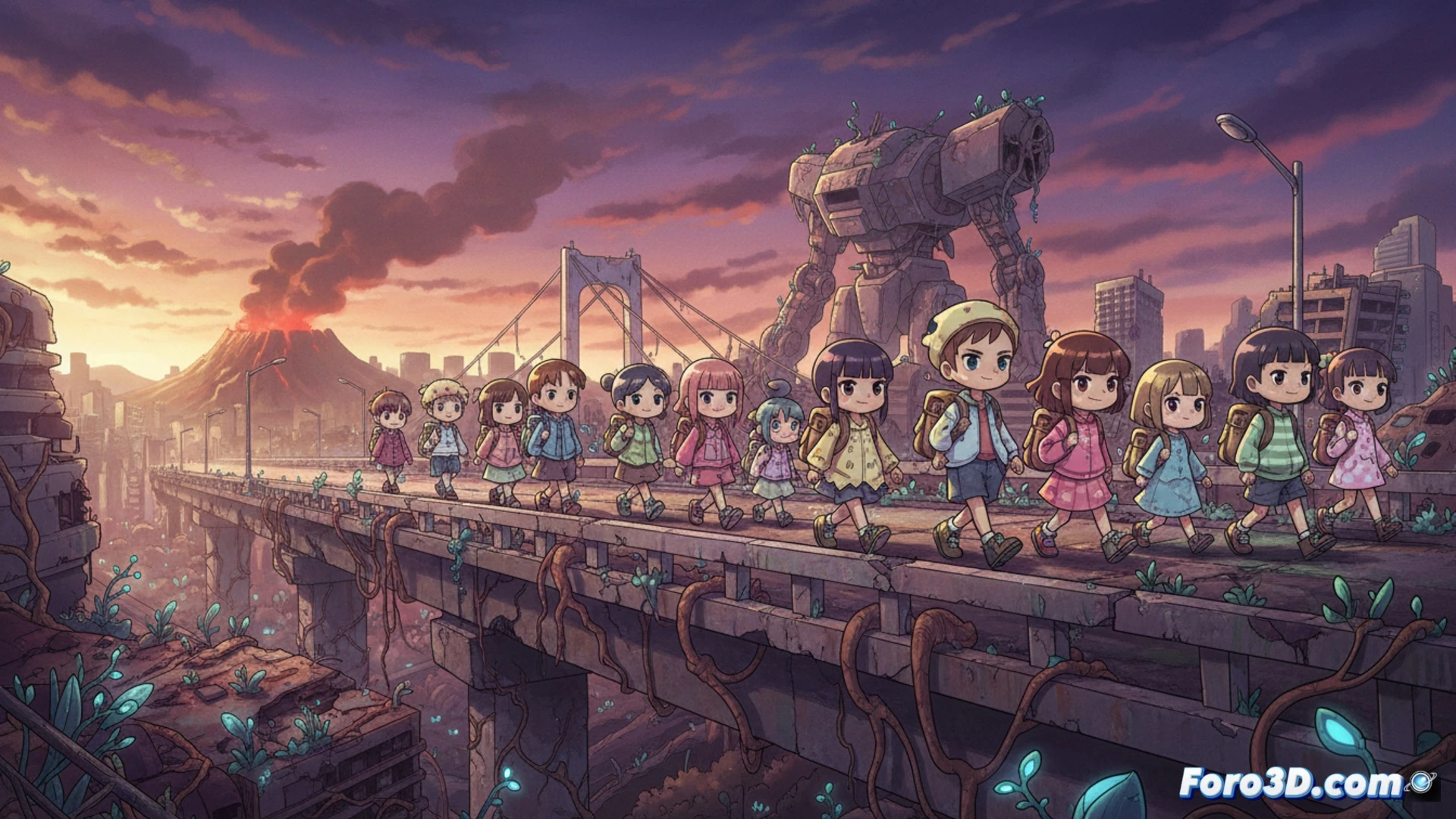 World's End Club niños en paisaje postapocalíptico colorido estilo pop arte con Unity